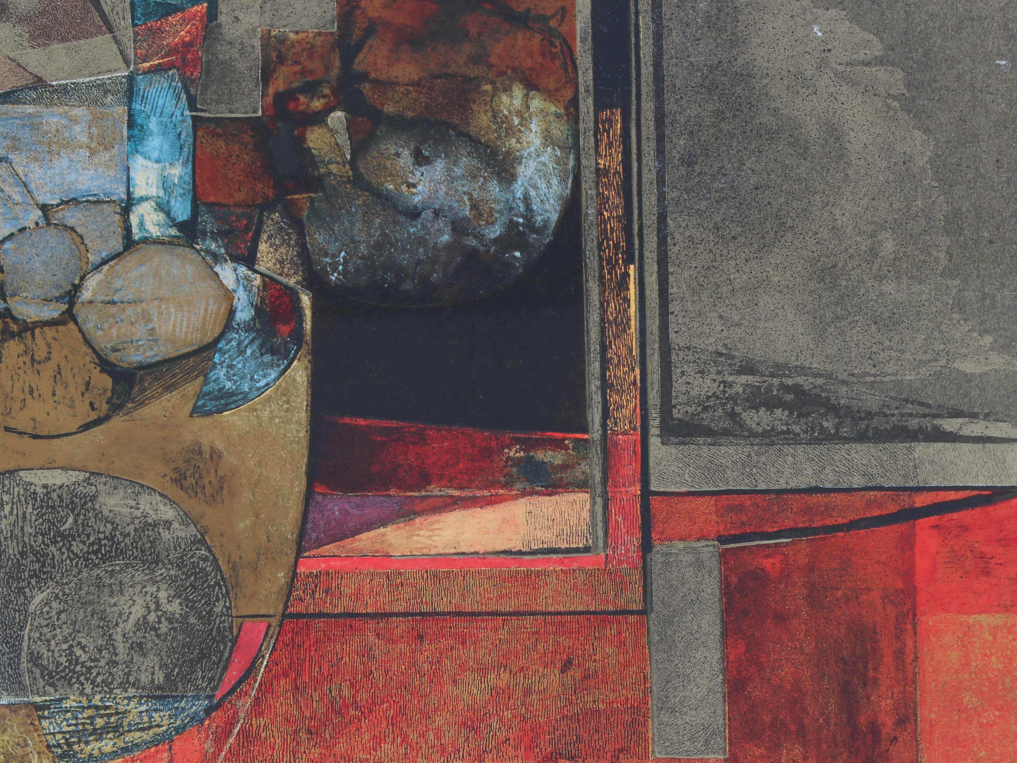 Embellished Abstract Offset Lithograph after Isa Van Der Zee "Abstract in Red"