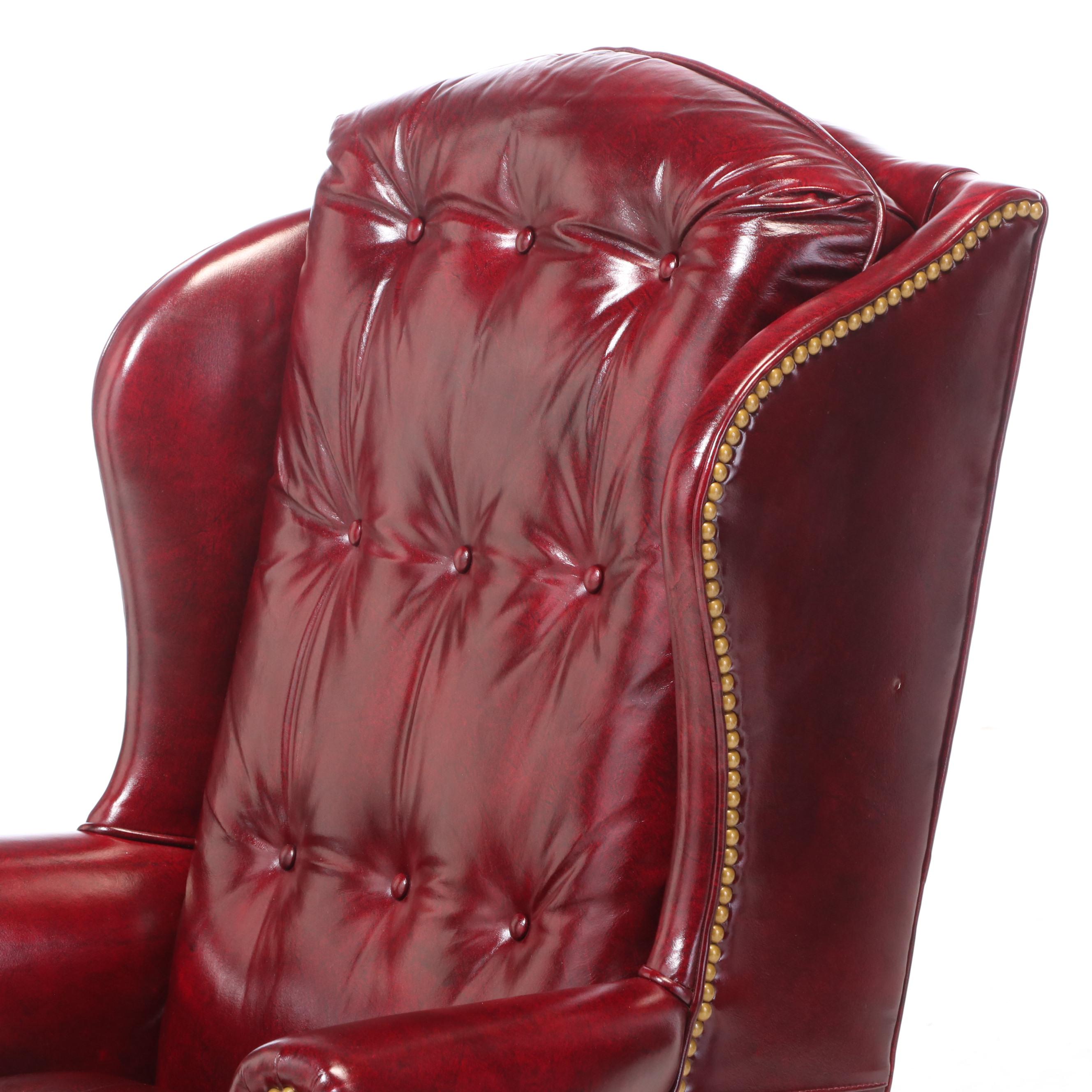 Hancock & Moore Queen Anne Style Mahogany and Burgundy Leather Wingback Armchair