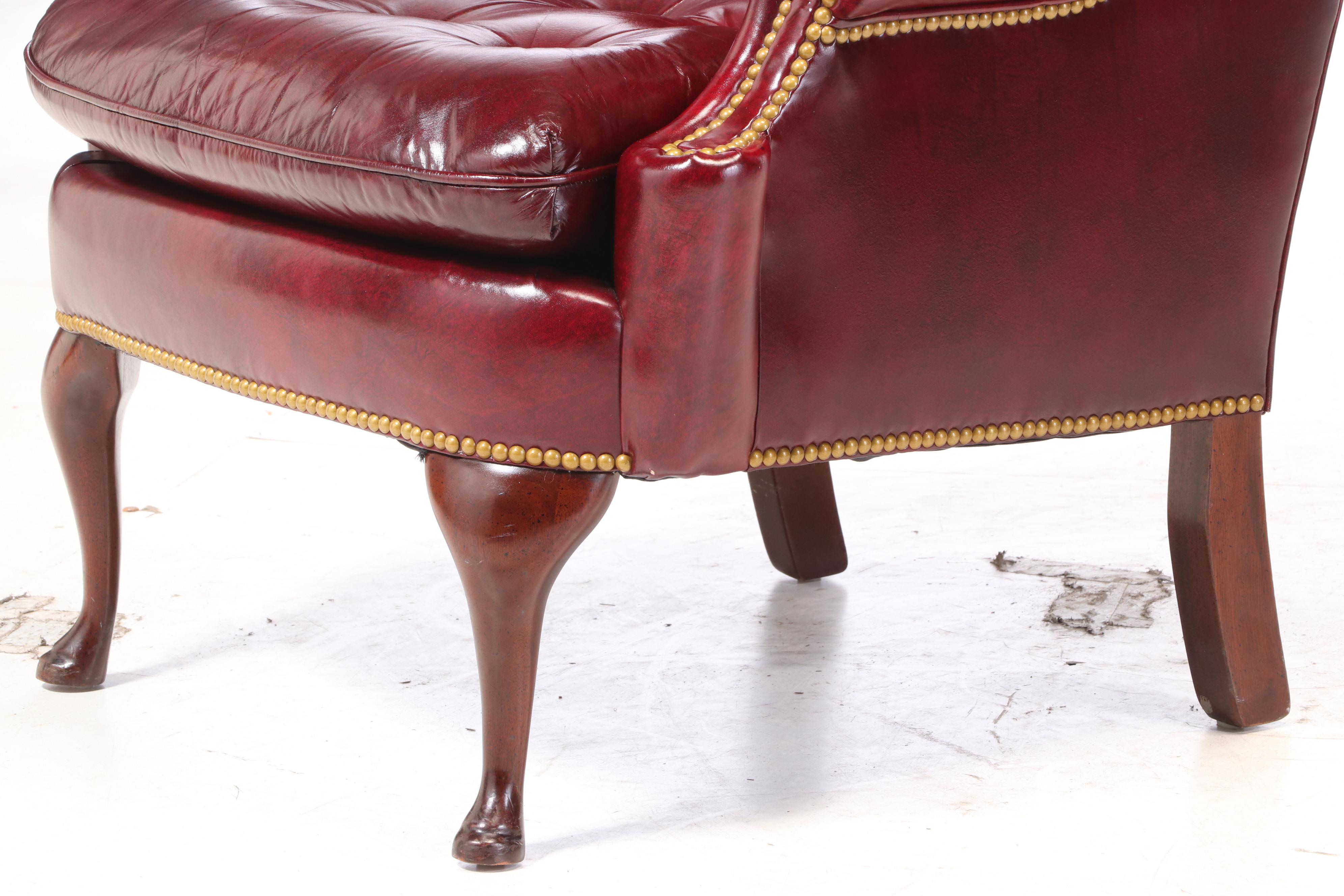 Hancock & Moore Queen Anne Style Mahogany and Burgundy Leather Wingback Armchair