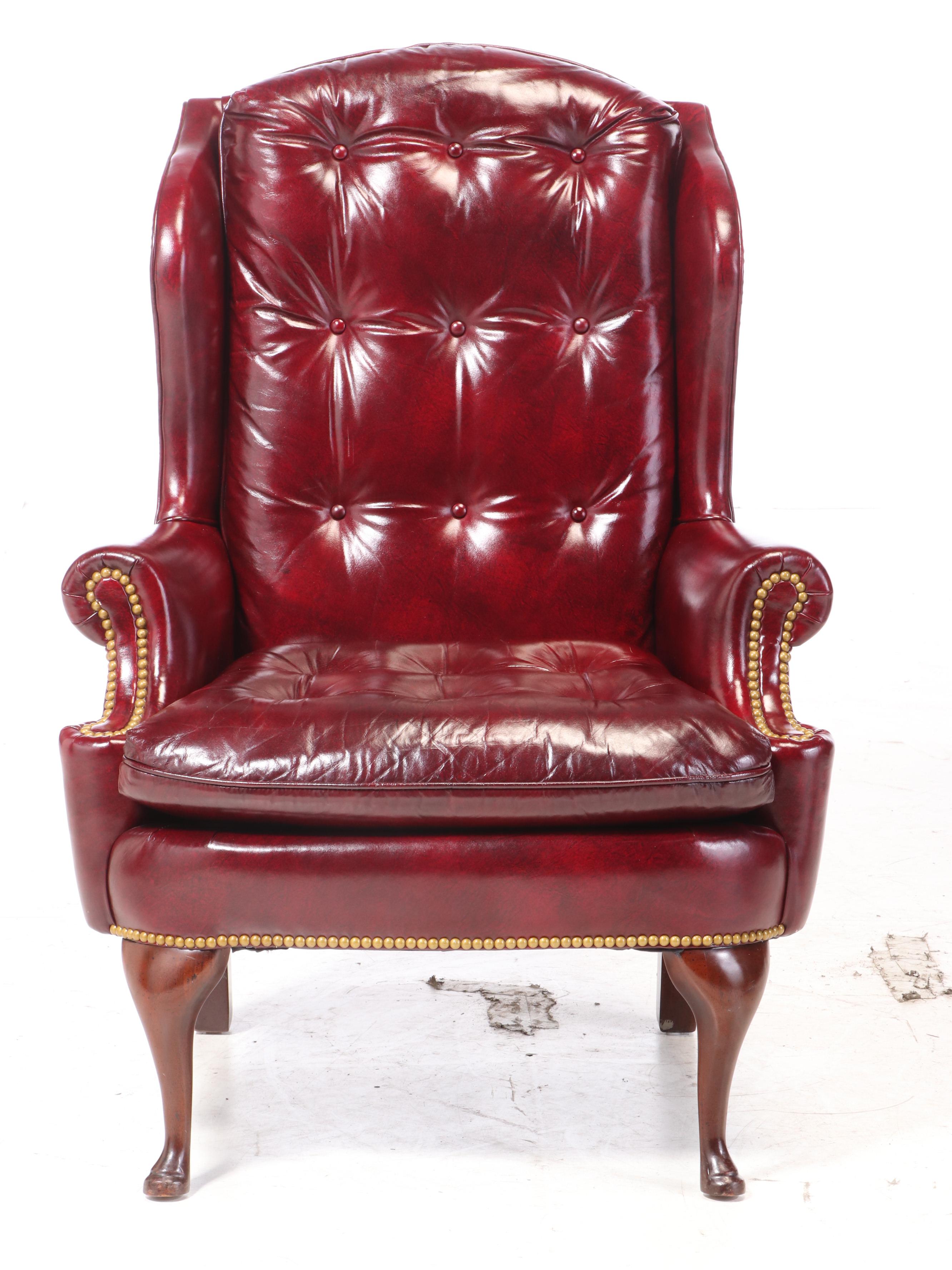 Hancock & Moore Queen Anne Style Mahogany and Burgundy Leather Wingback Armchair