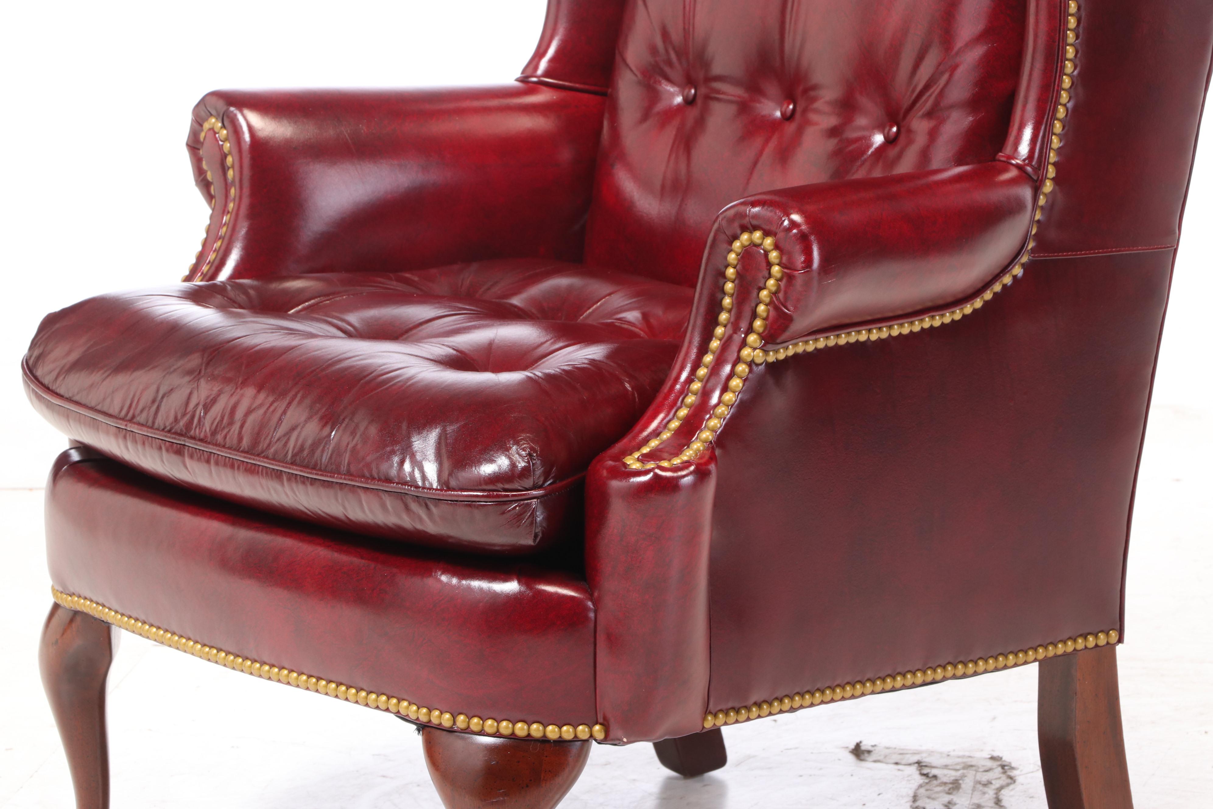 Hancock & Moore Queen Anne Style Mahogany and Burgundy Leather Wingback Armchair