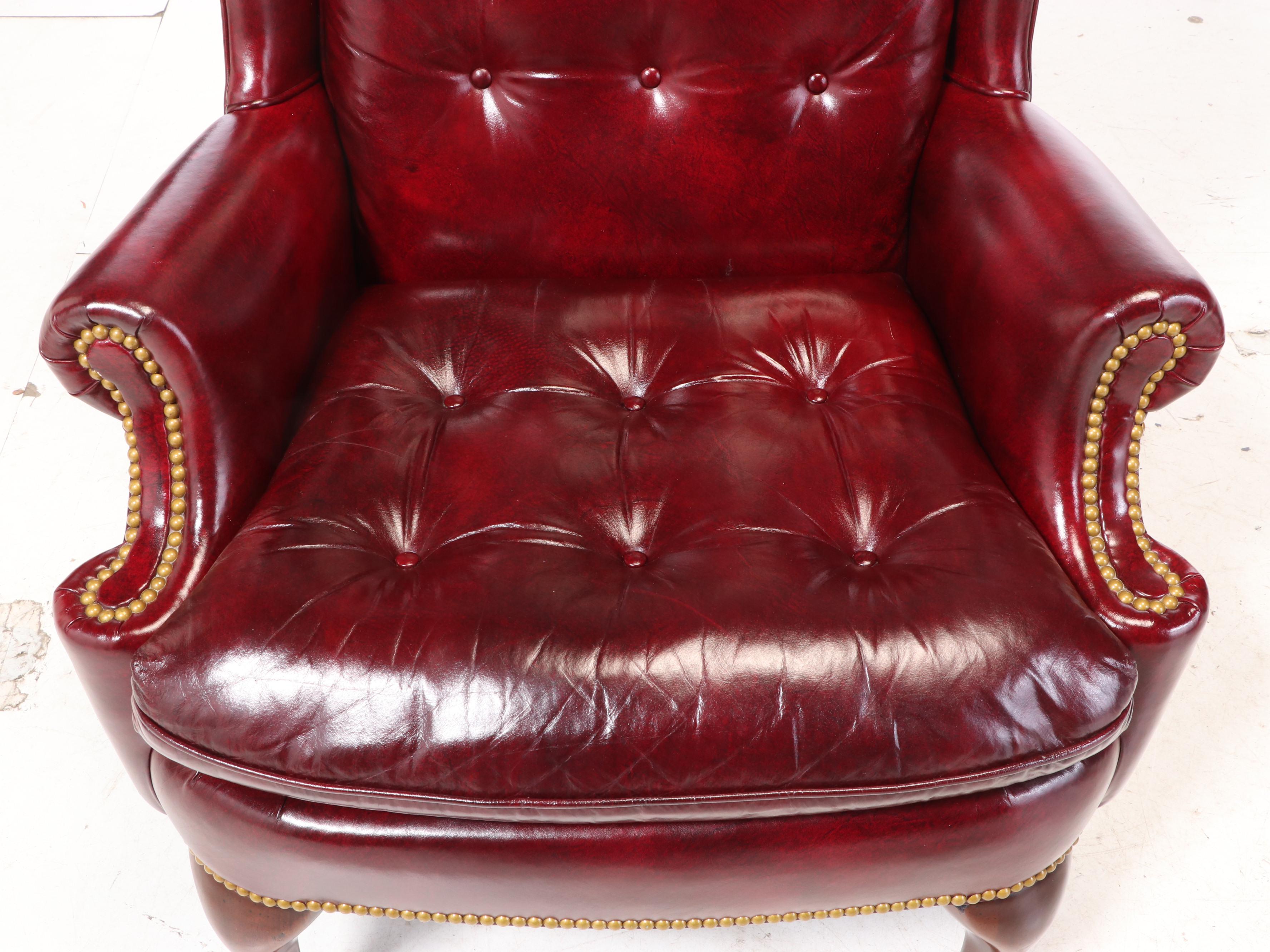 Hancock & Moore Queen Anne Style Mahogany and Burgundy Leather Wingback Armchair