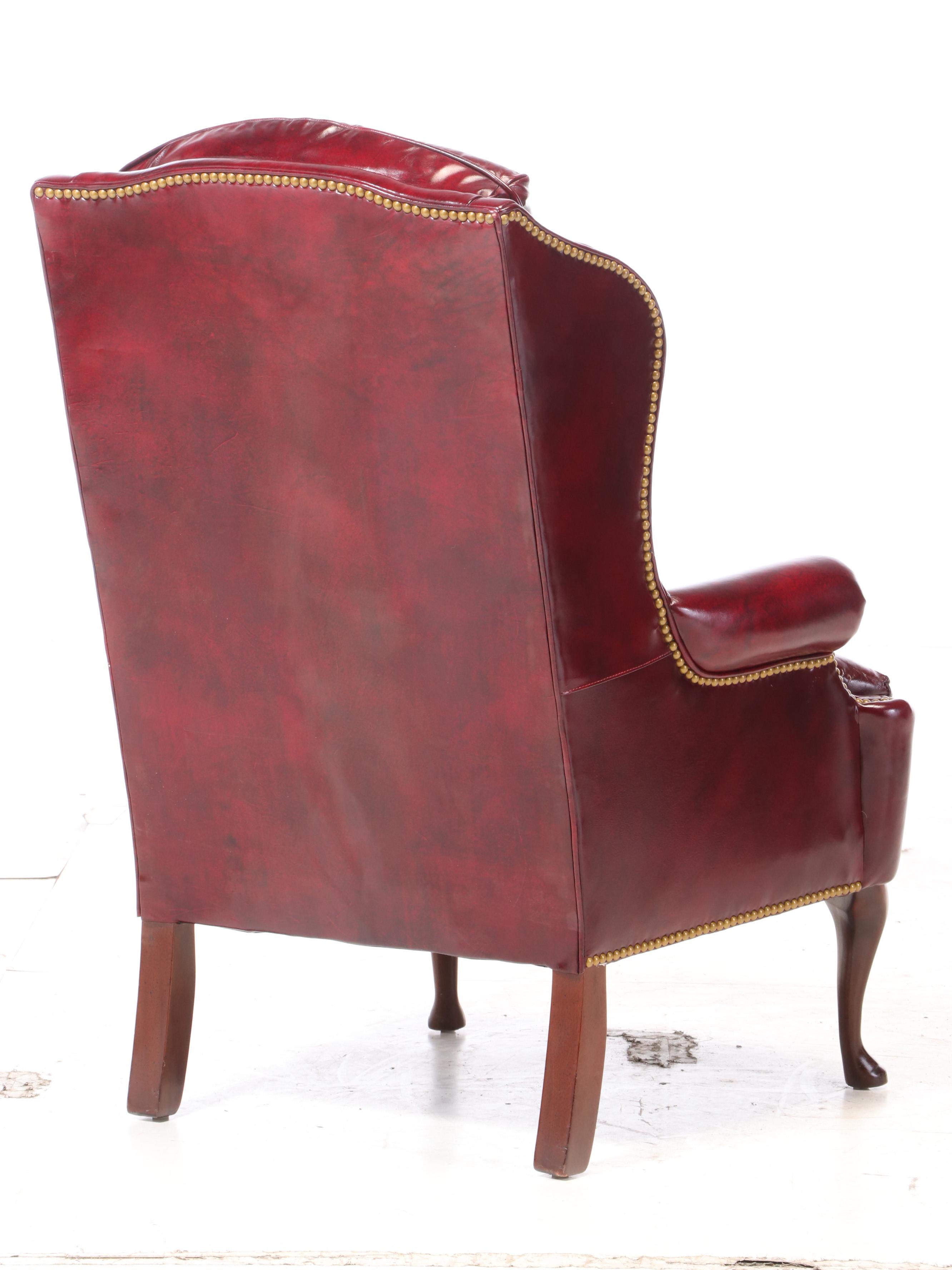 Hancock & Moore Queen Anne Style Mahogany and Burgundy Leather Wingback Armchair