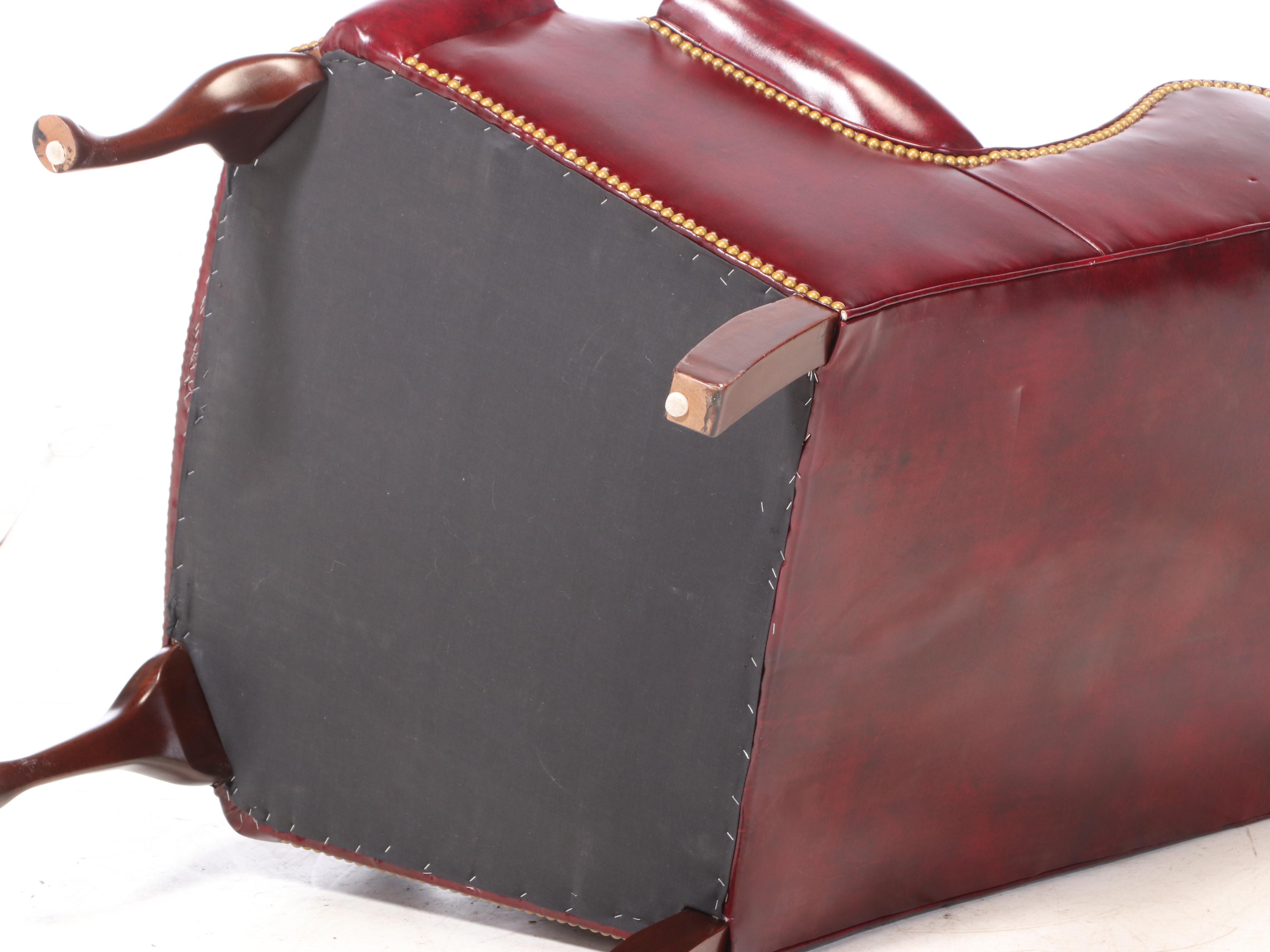 Hancock & Moore Queen Anne Style Mahogany and Burgundy Leather Wingback Armchair