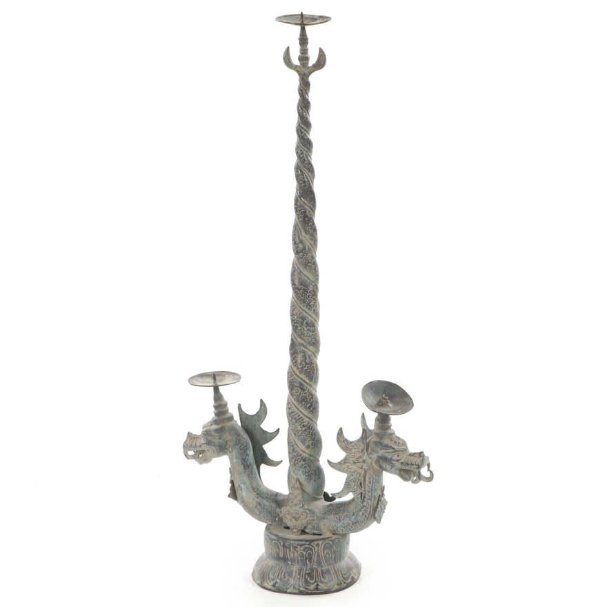 Southeast Asian Bronze Dragon Three Pricket Candle Holder, Antique