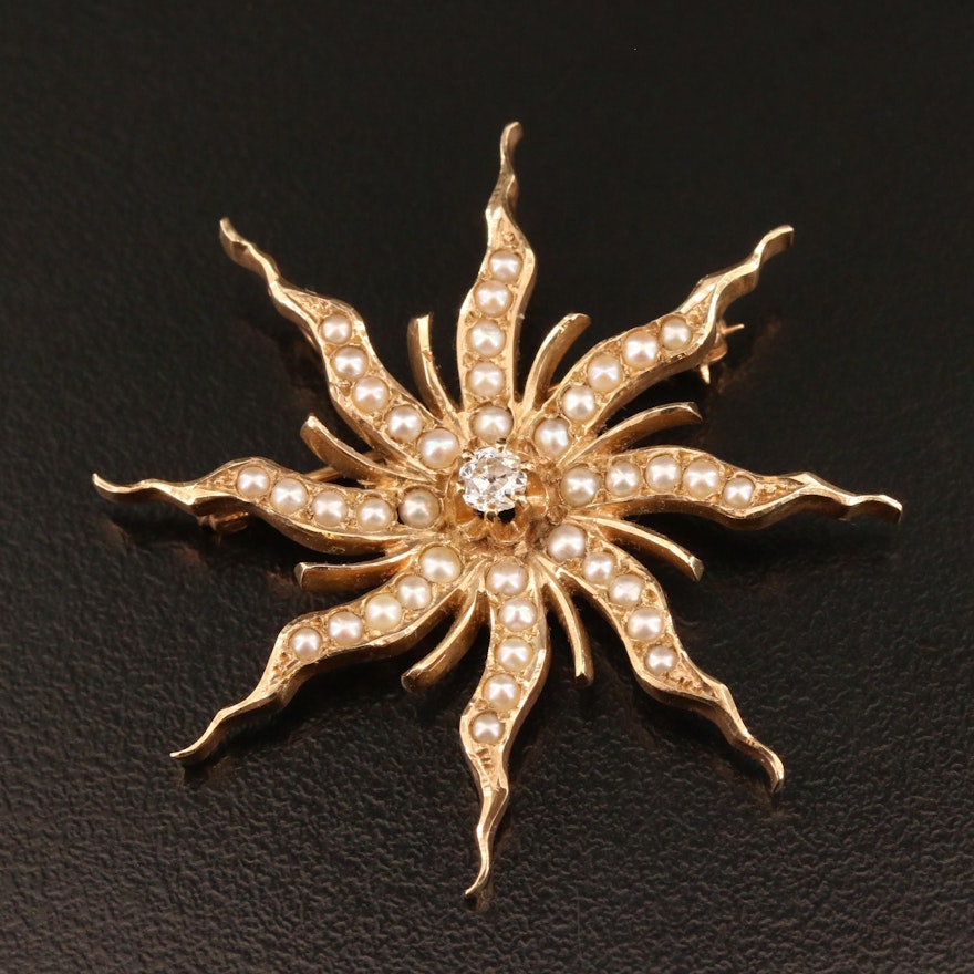 Edwardian 14K Pearl and Diamond Sunburst Converter Brooch