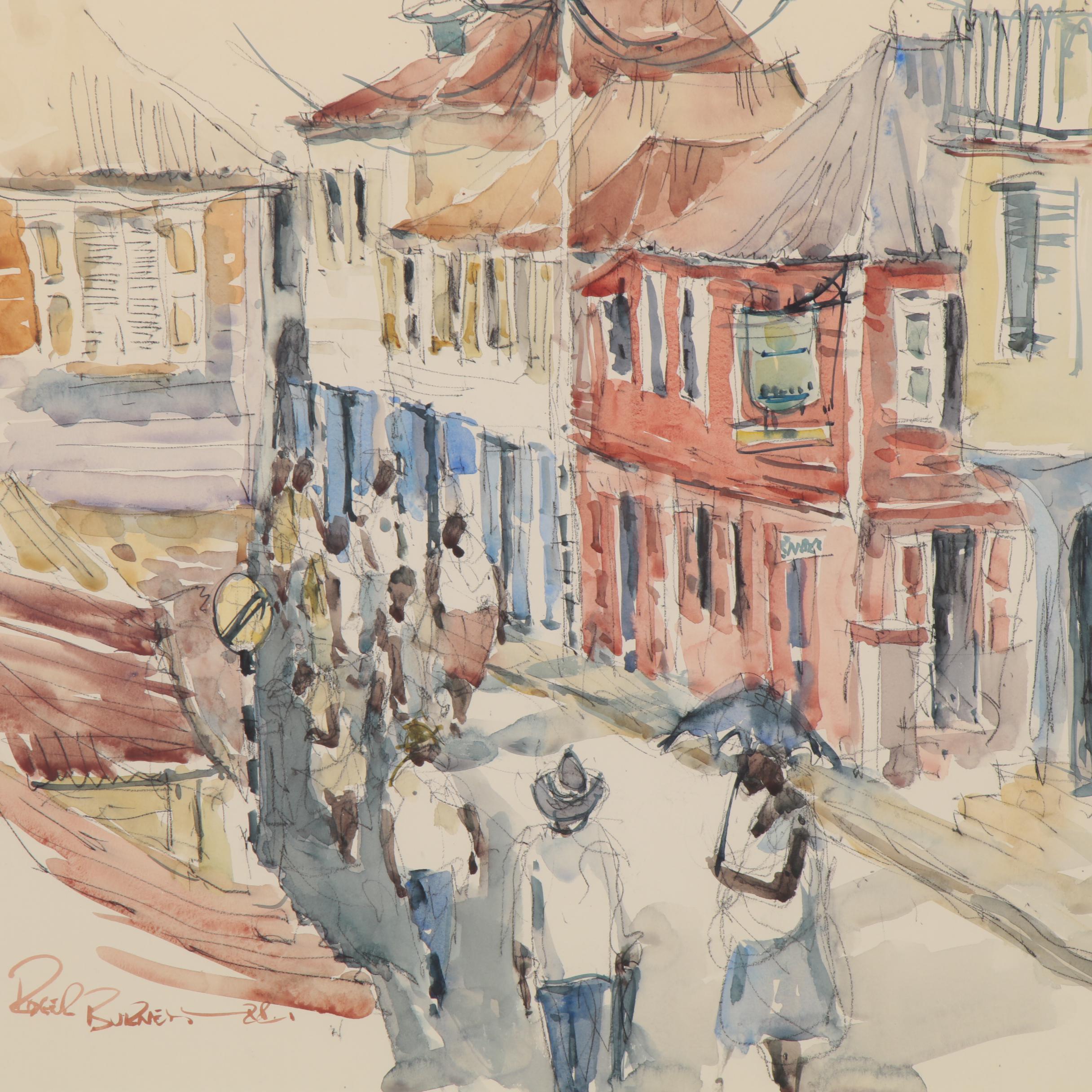 Roger Burnett Street Scene Watercolor Painting, 1988