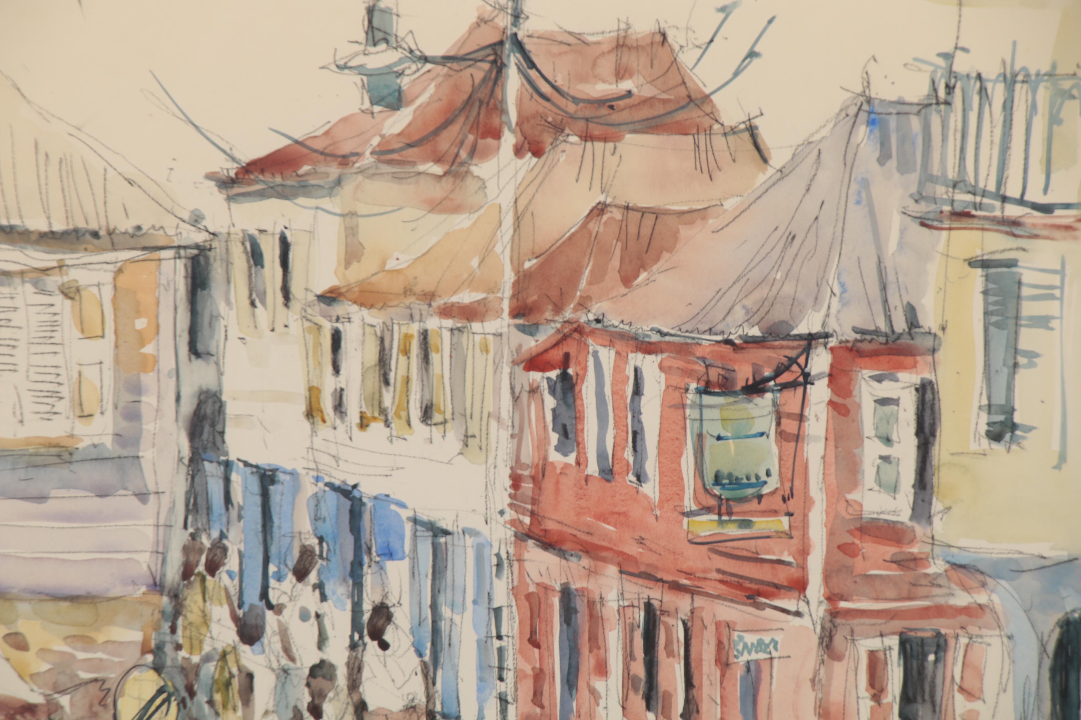 Roger Burnett Street Scene Watercolor Painting, 1988