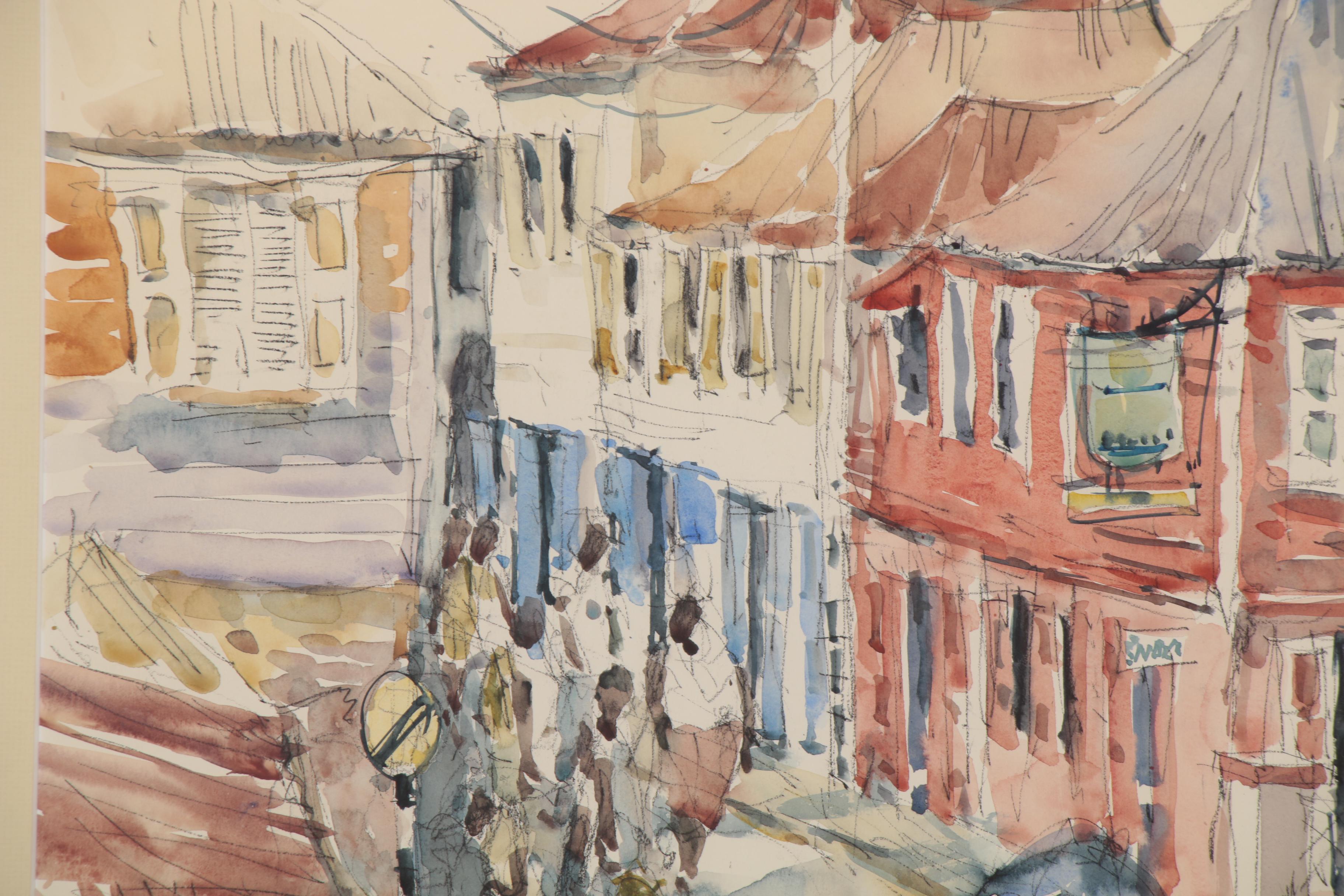 Roger Burnett Street Scene Watercolor Painting, 1988