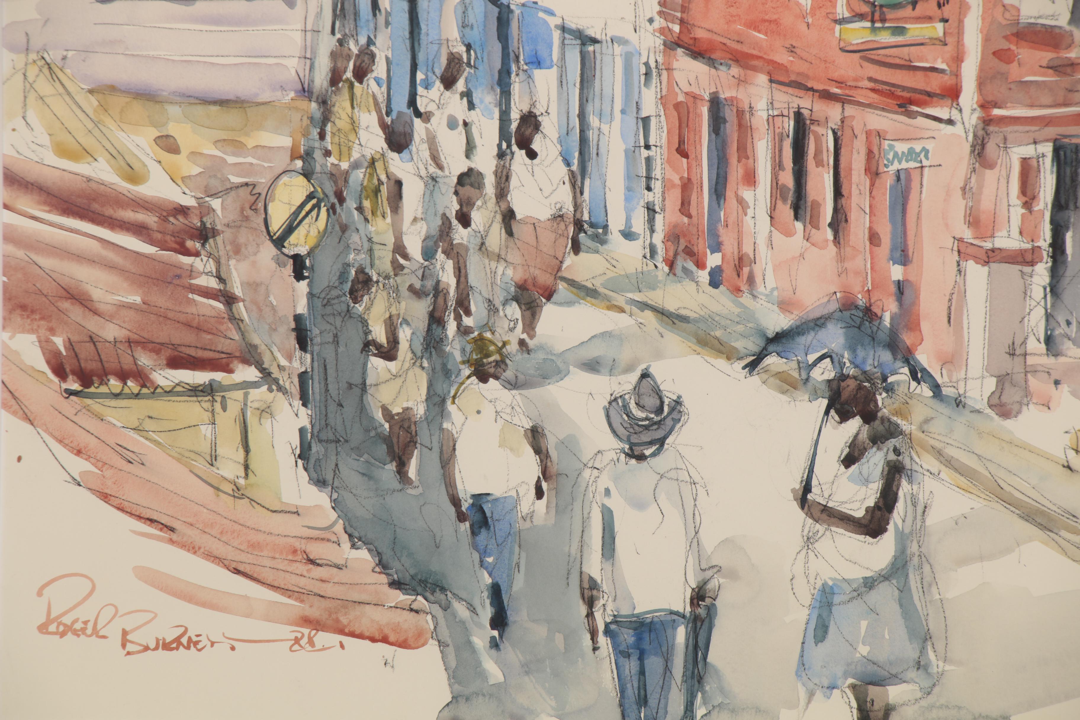 Roger Burnett Street Scene Watercolor Painting, 1988