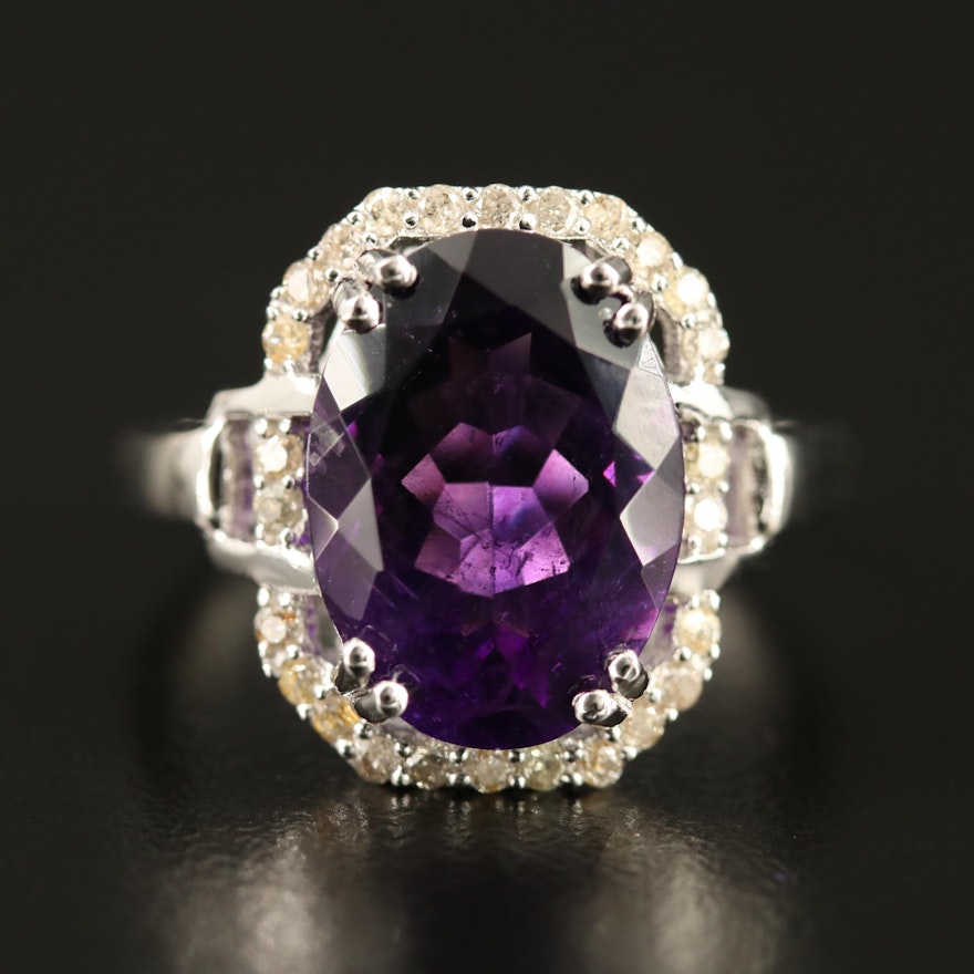 Sterling Silver Amethyst and Diamond Ring