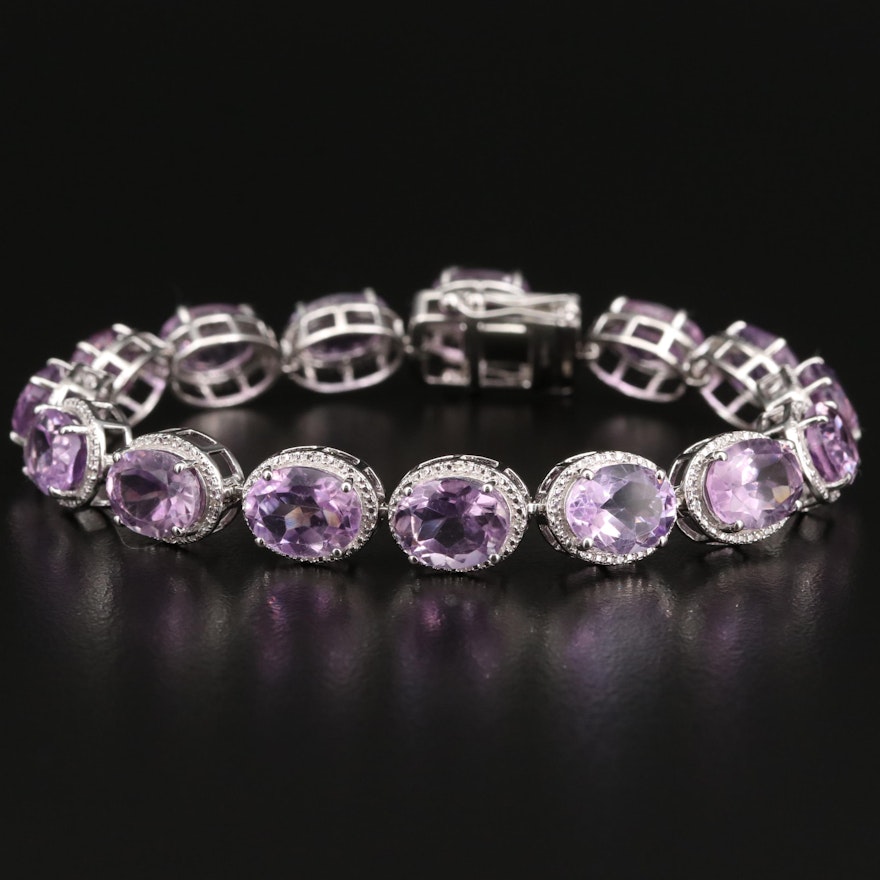 Sterling Silver Amethyst Link Bracelet with Diamond Halos