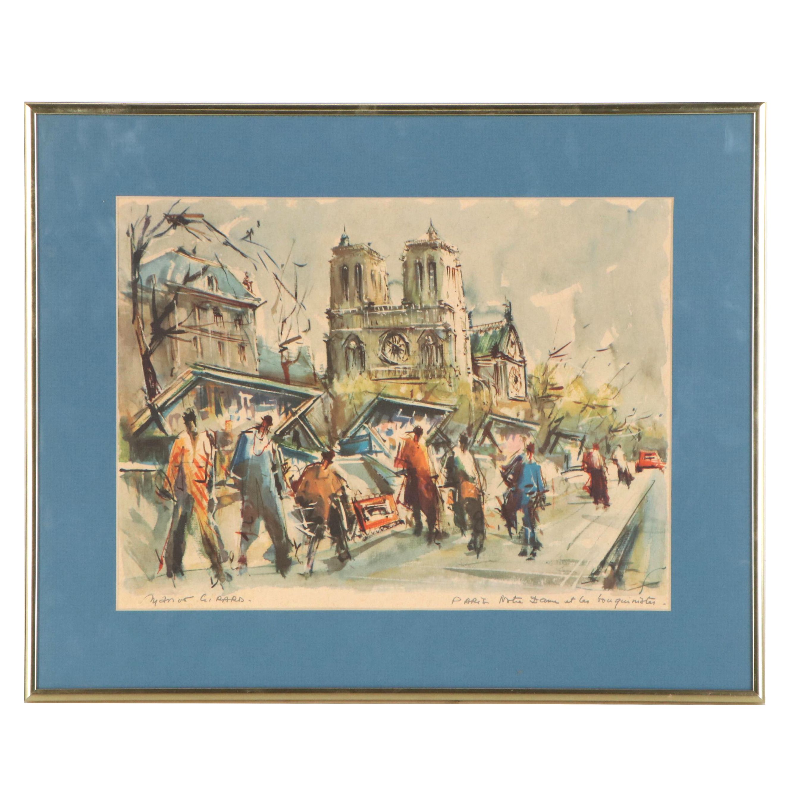 Offset Lithograph after Marius Girard "Paris, Notre Dame et les Bouquinistes"
