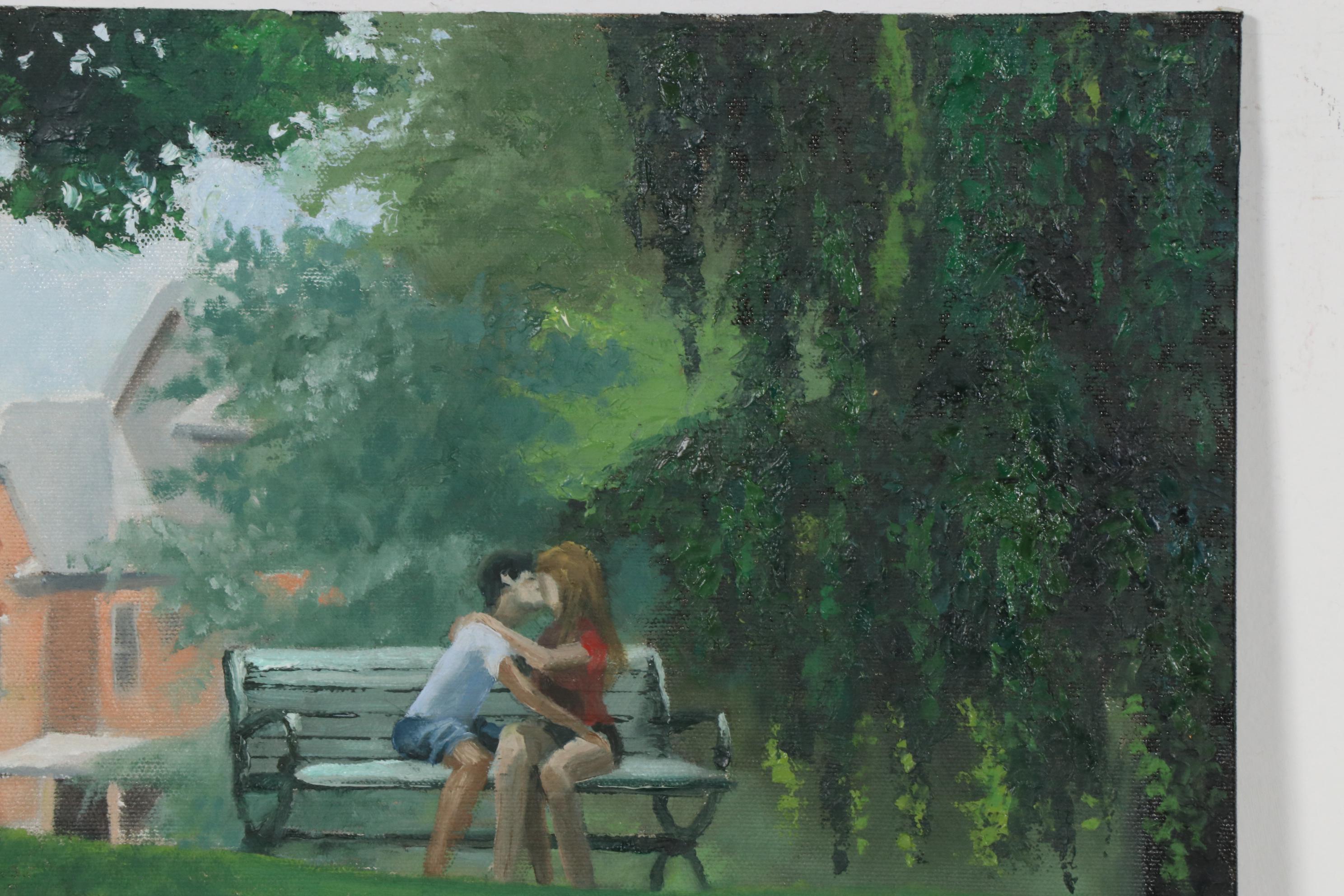 Marcus Brewer Oil Painting of Embracing Couple in Park