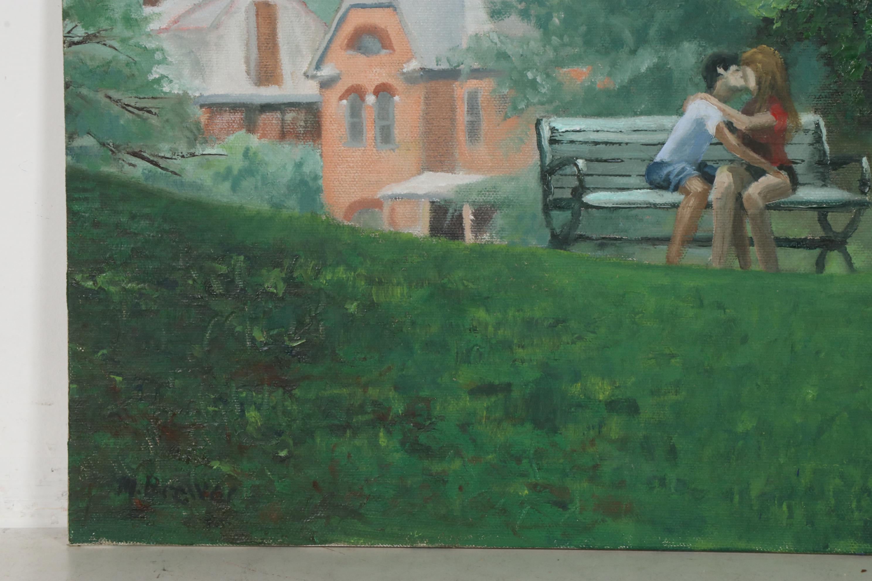 Marcus Brewer Oil Painting of Embracing Couple in Park