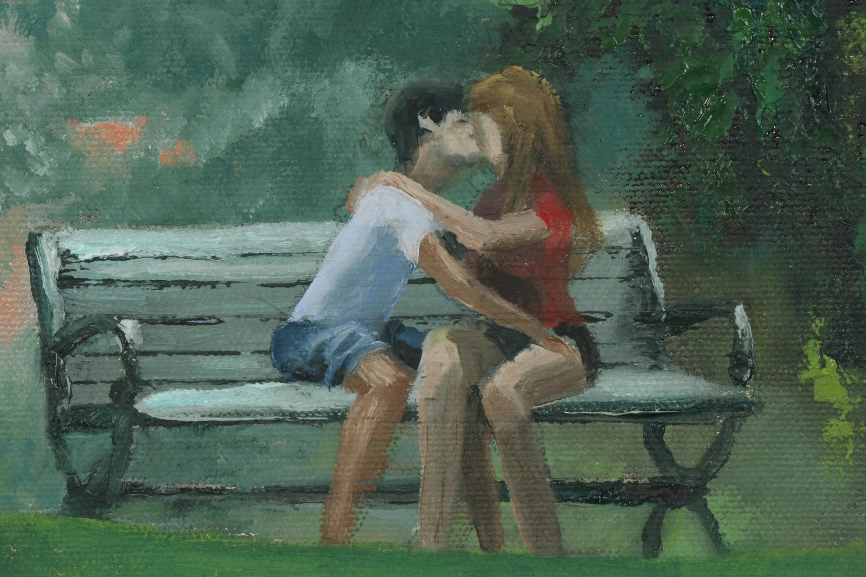 Marcus Brewer Oil Painting of Embracing Couple in Park
