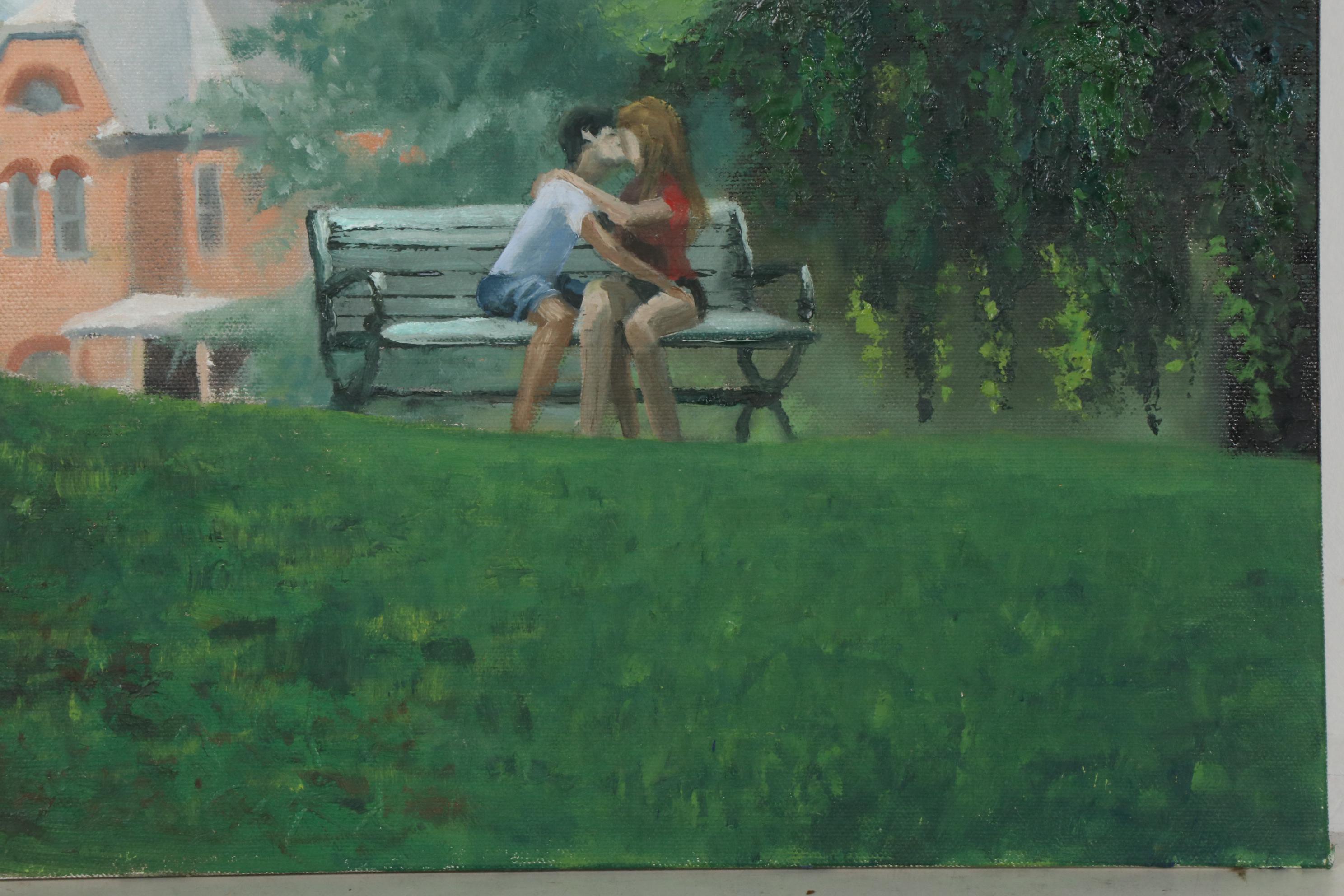 Marcus Brewer Oil Painting of Embracing Couple in Park