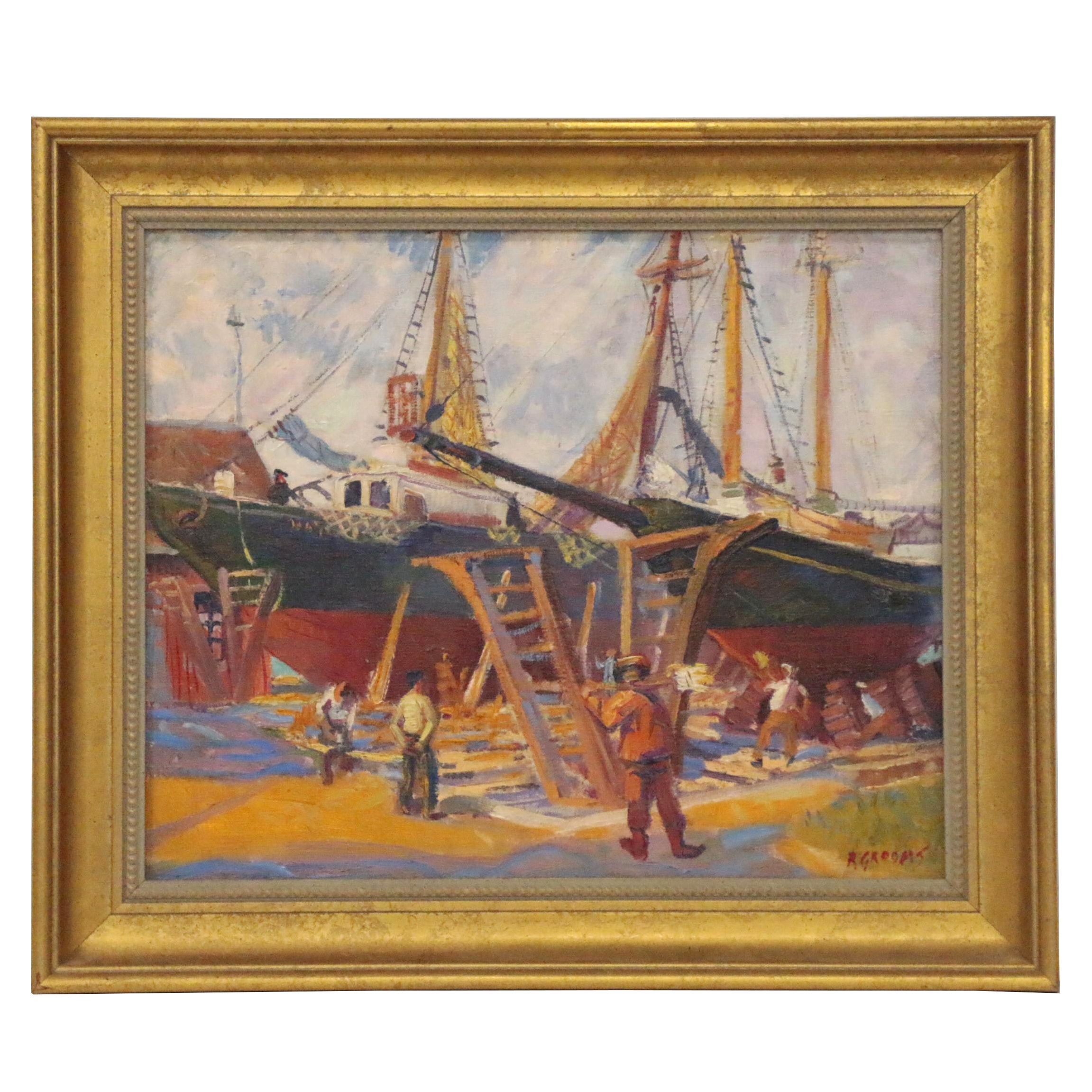 Reginald "Reggie" Leslie Grooms Oil Painting "On The Ways," 1984