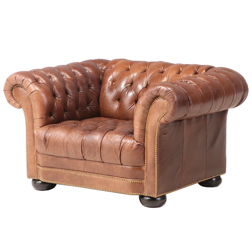 Button-Tufted Brown Leather and Brass-Tacked Chesterfield Armchair