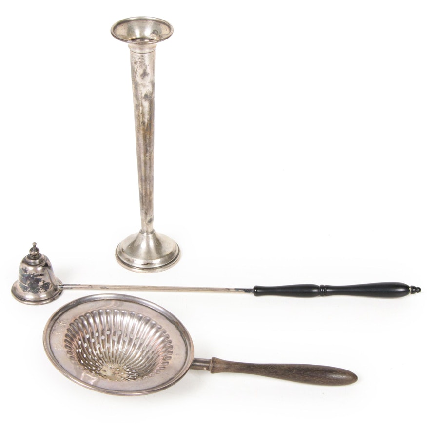 Sterling Silver Bud Vase, Tea Strainer, and Candle Snuffer, Early to Mid 20th C.