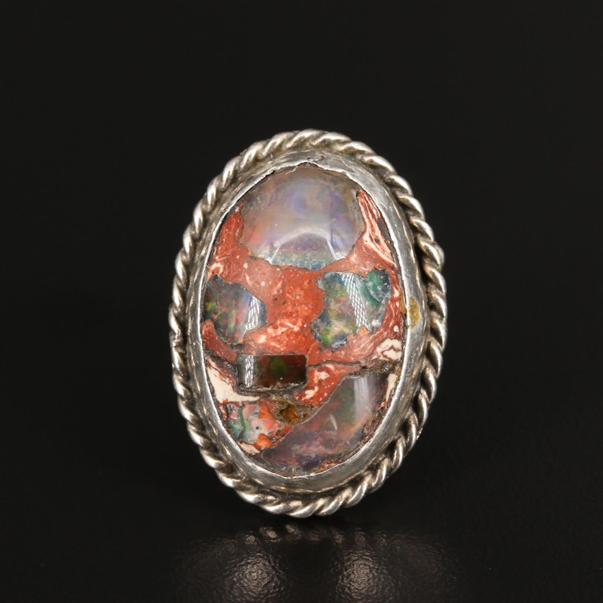 Sterling Silver Boulder Opal Ring with Braided Accent