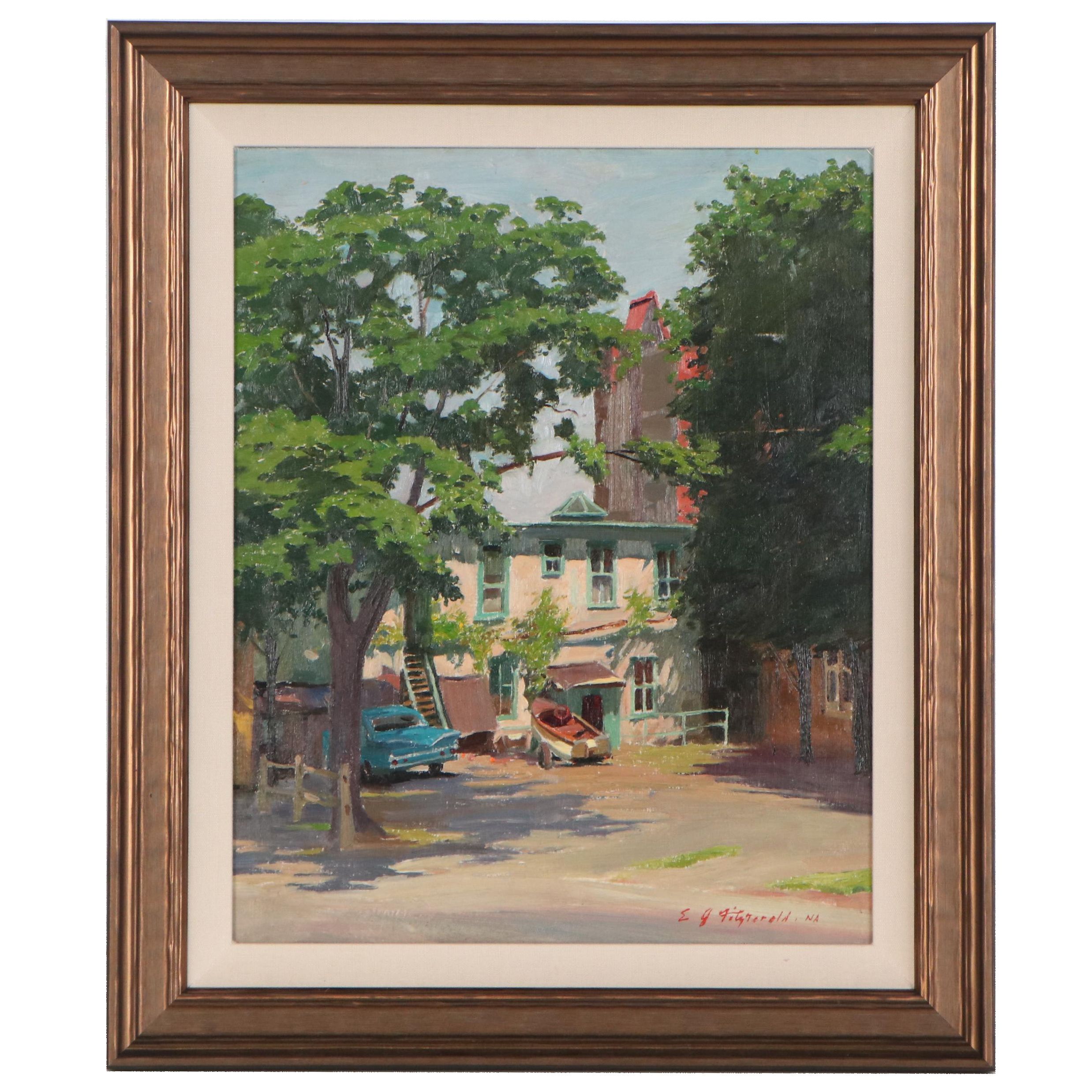 Edmond James Fitzgerald Oil Painting of Residential Scene, Late 20th Century
