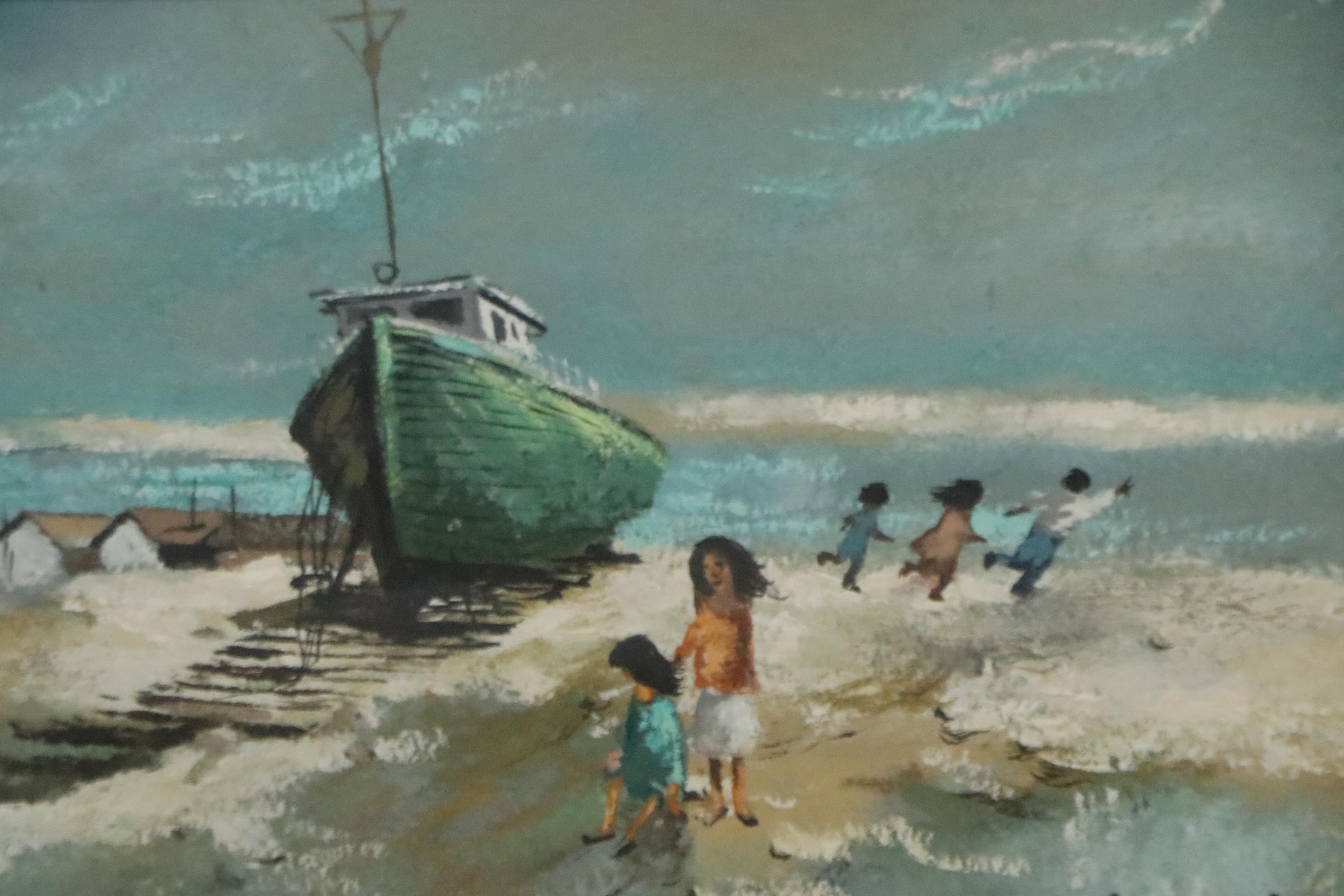 Robert Fabe Coastal Scene Tempera Painting, Mid to Late 20th Century