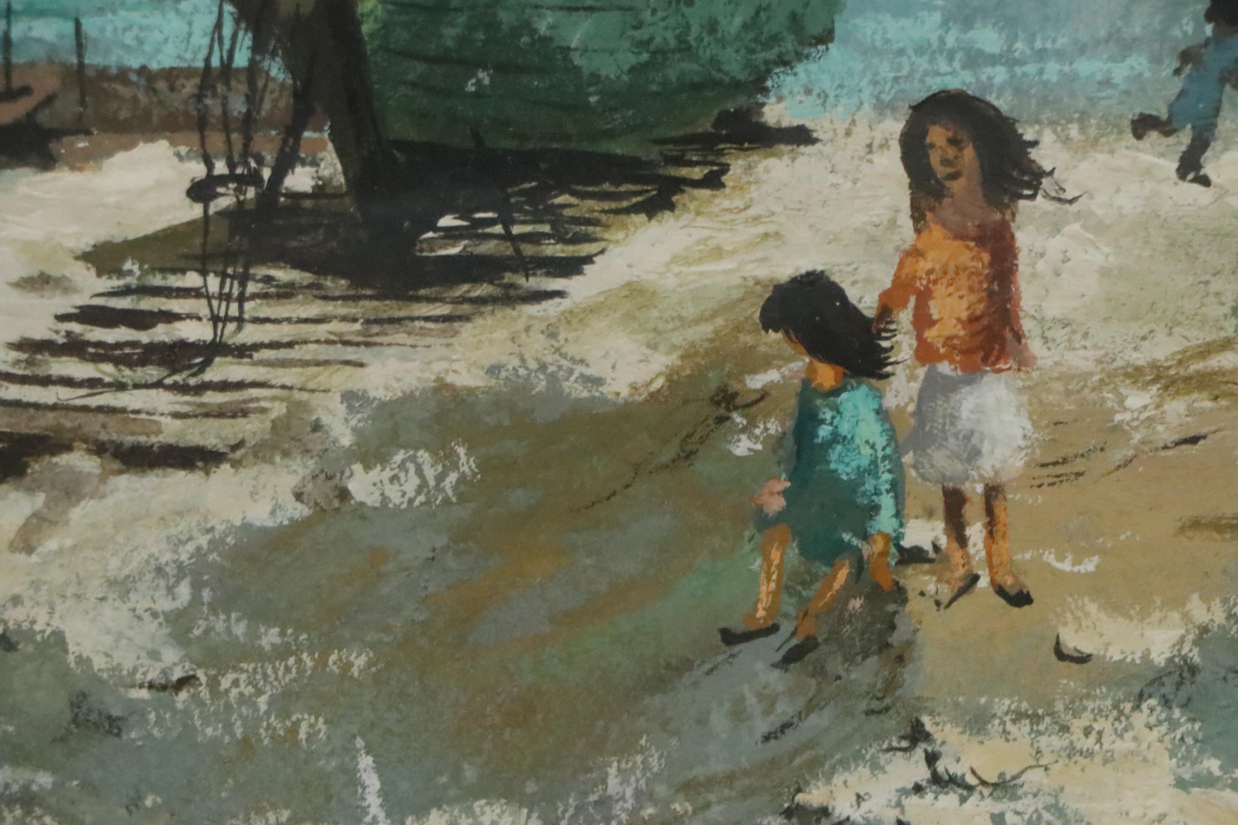 Robert Fabe Coastal Scene Tempera Painting, Mid to Late 20th Century