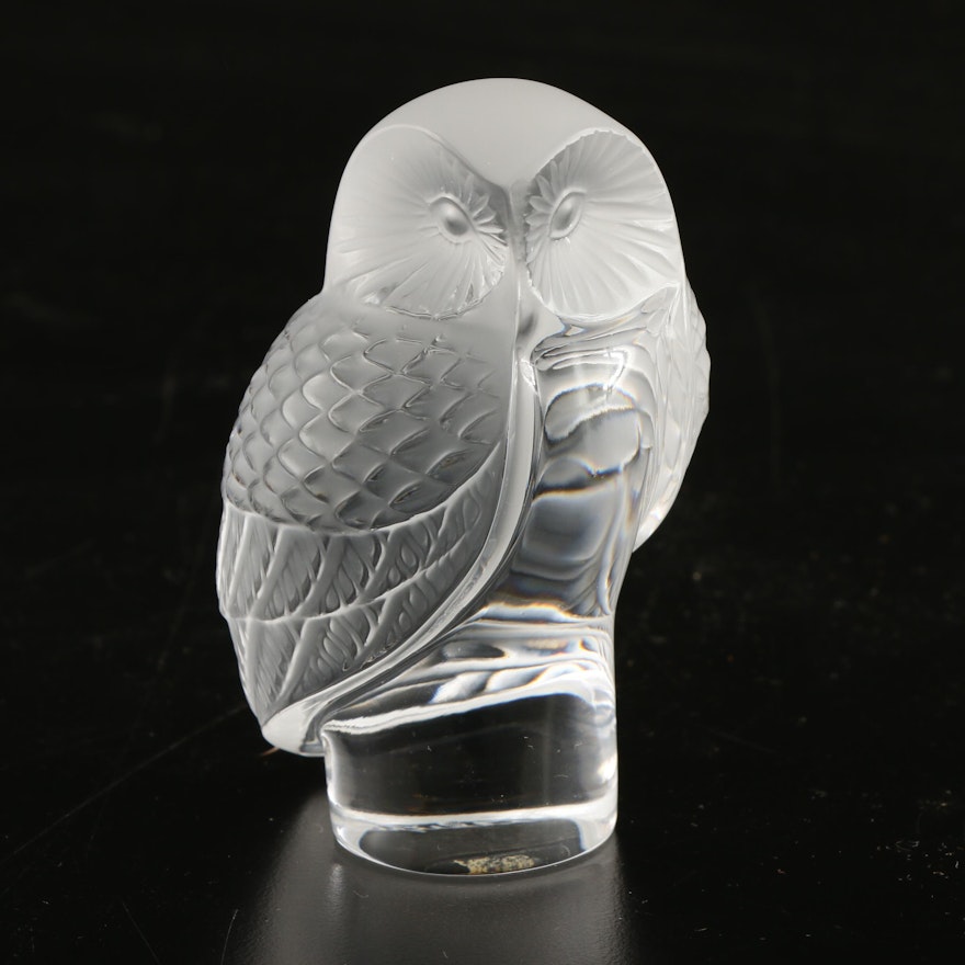 Lalique Frosted Crystal Owl Paperweight