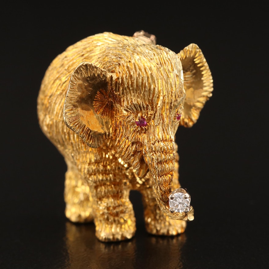 18K Diamond and Ruby Elephant Brooch