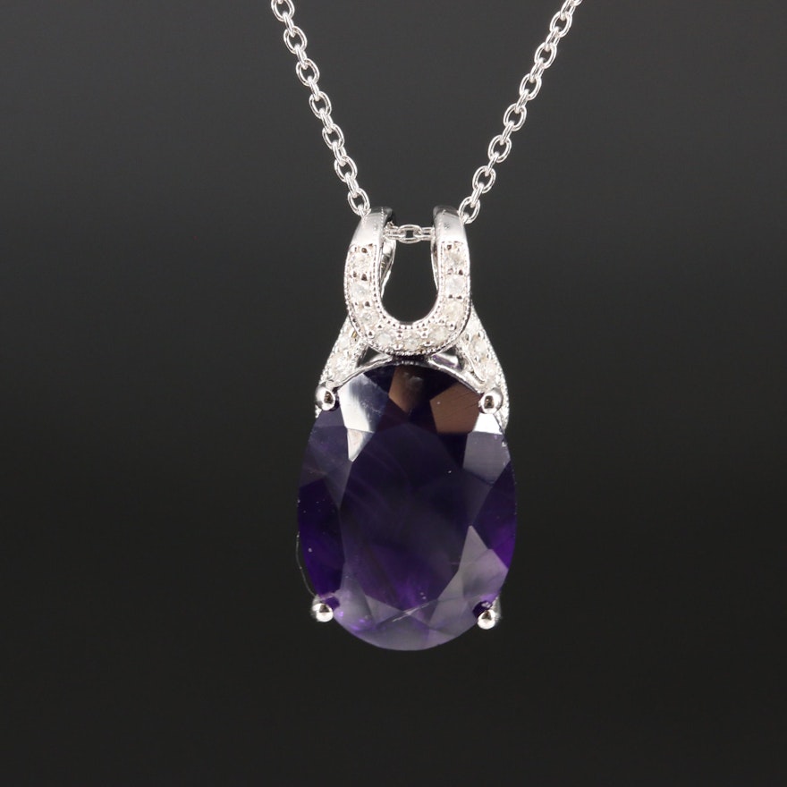 Sterling Amethyst and Diamond Pendant Necklace