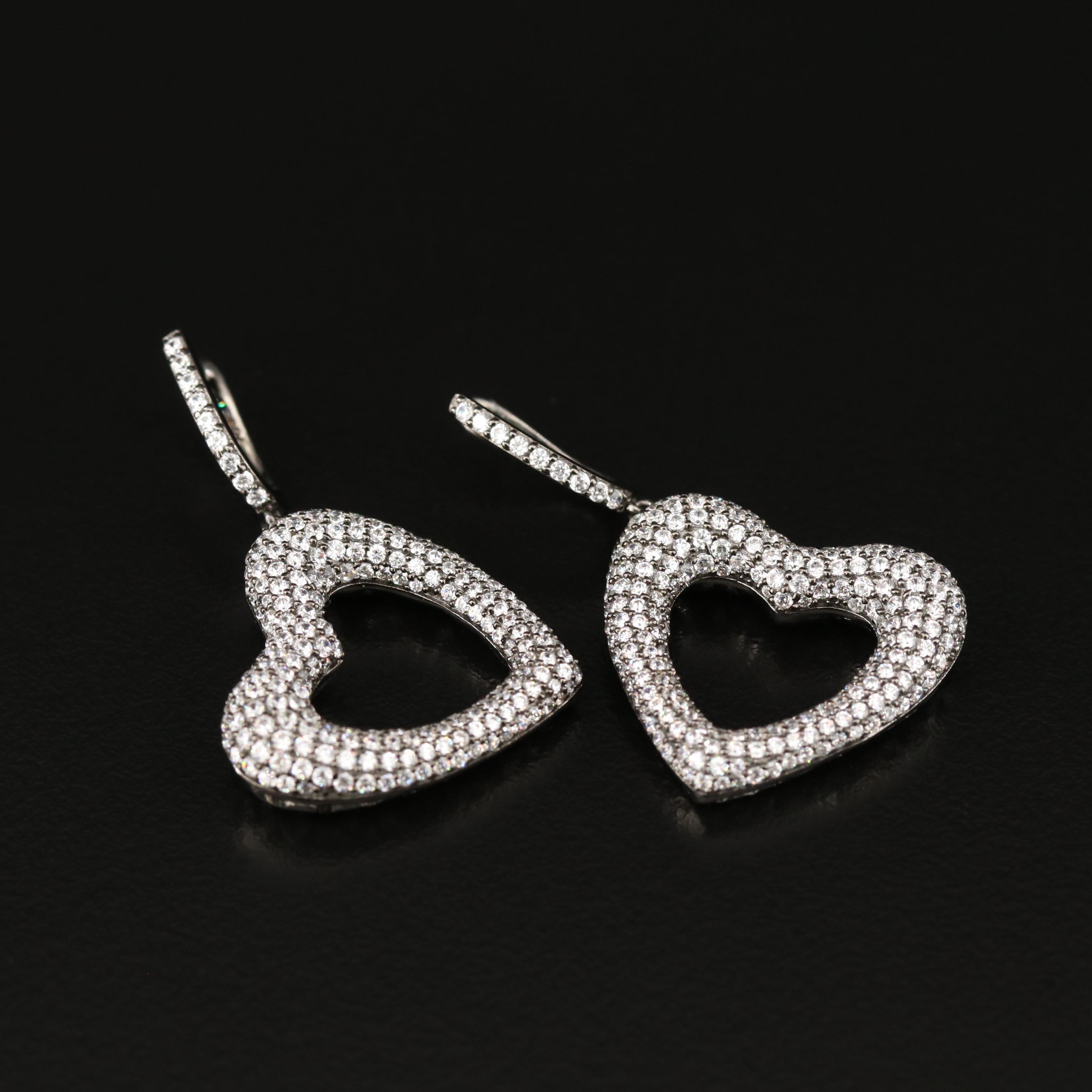 Sterling Silver Cubic Zirconia Heart Dangle Earrings
