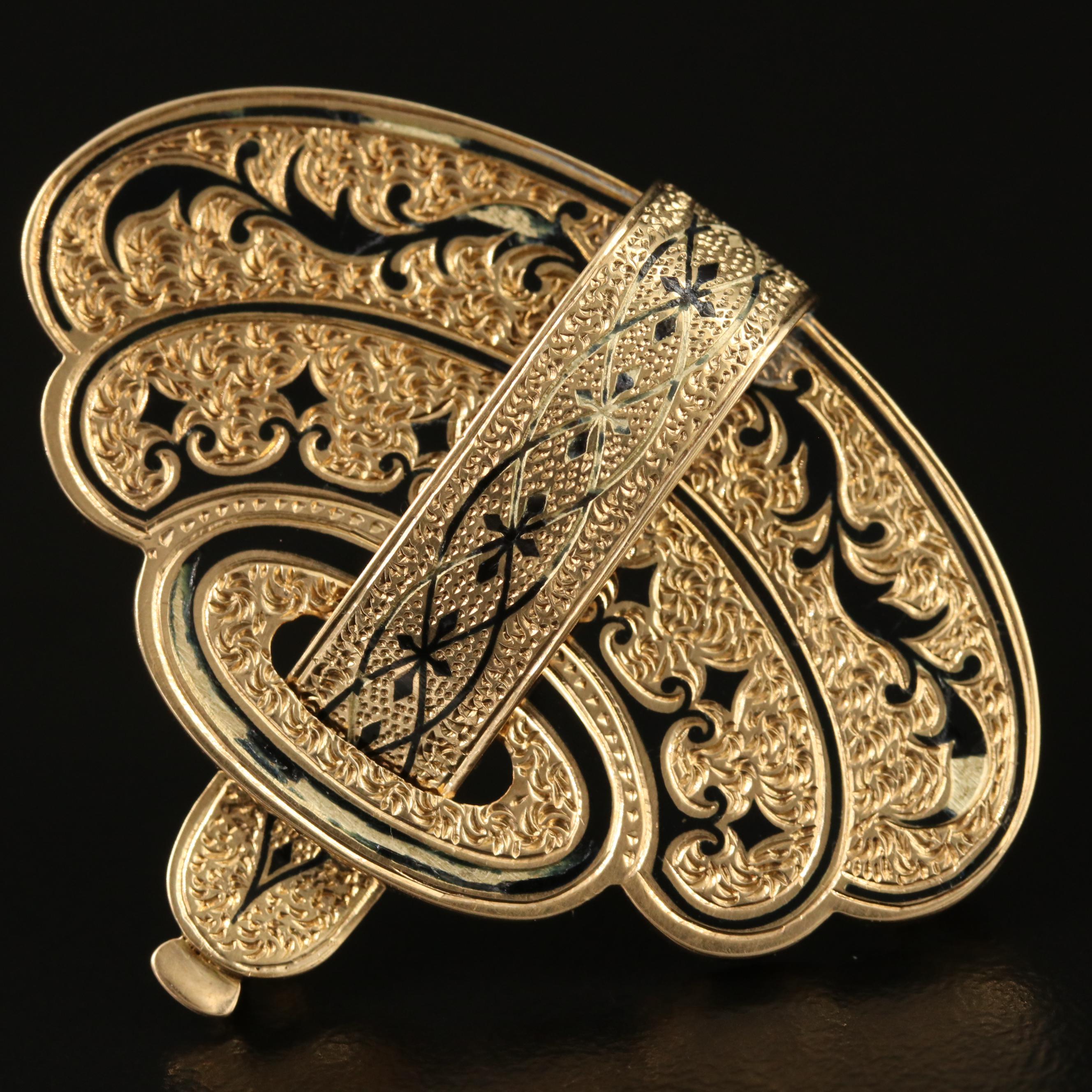 Mid Victorian 14K Engraved Taille d'Epargne Enamel Converter Brooch