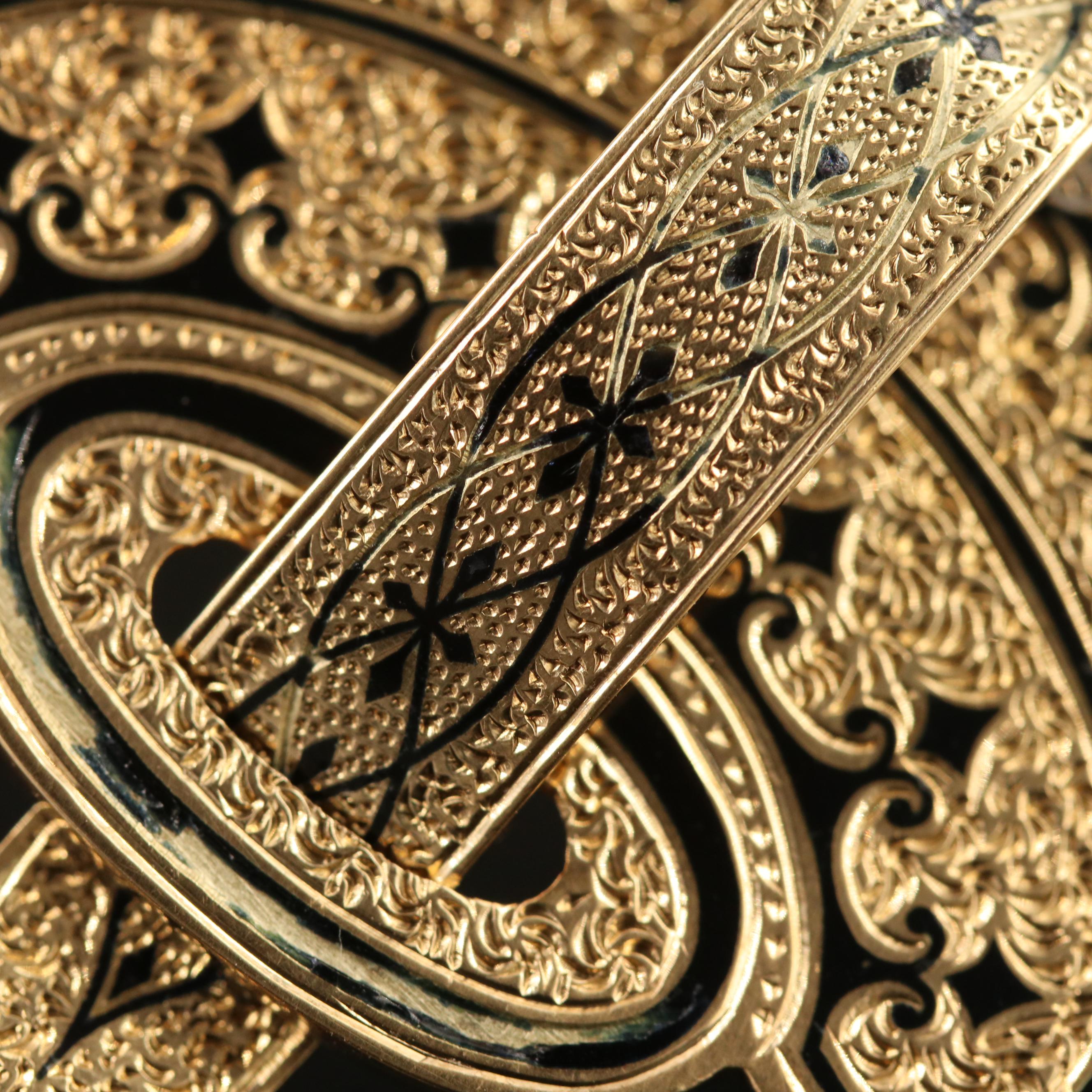 Mid Victorian 14K Engraved Taille d'Epargne Enamel Converter Brooch