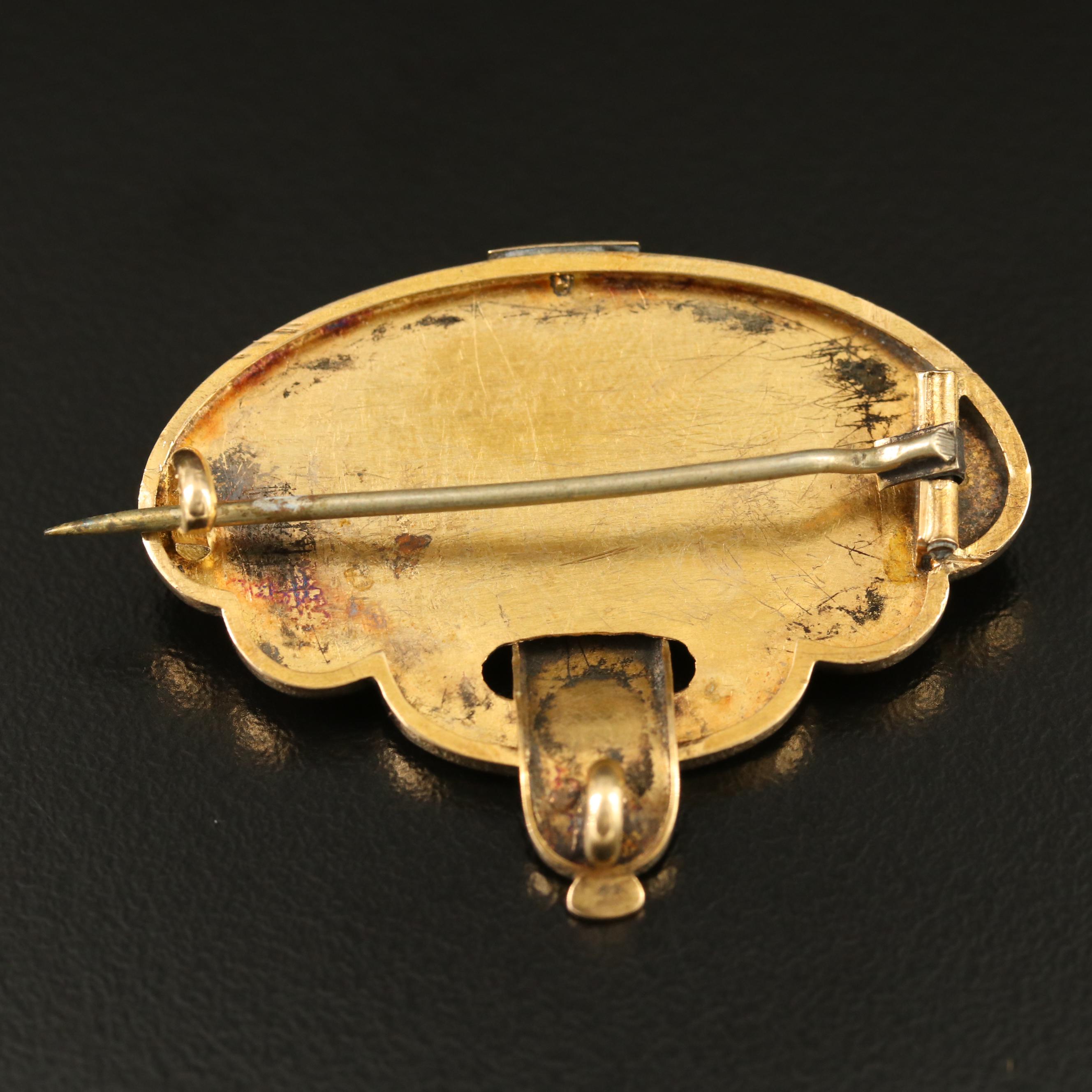 Mid Victorian 14K Engraved Taille d'Epargne Enamel Converter Brooch