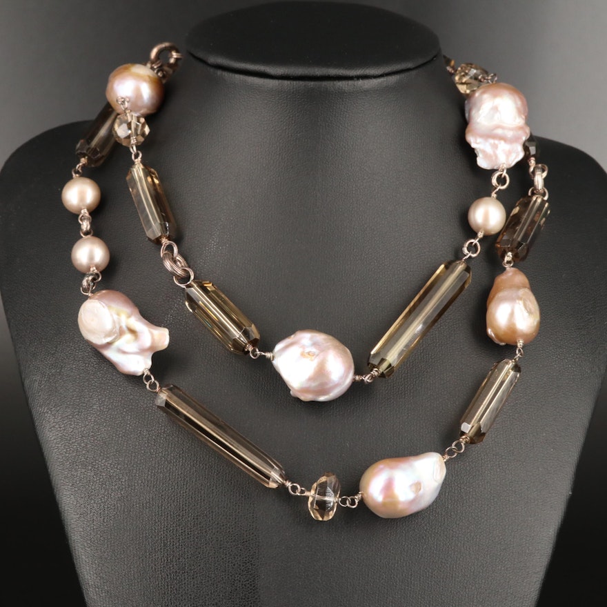 Stephen Dweck Sterling Silver Pearl and Smoky Quartz Link Necklace