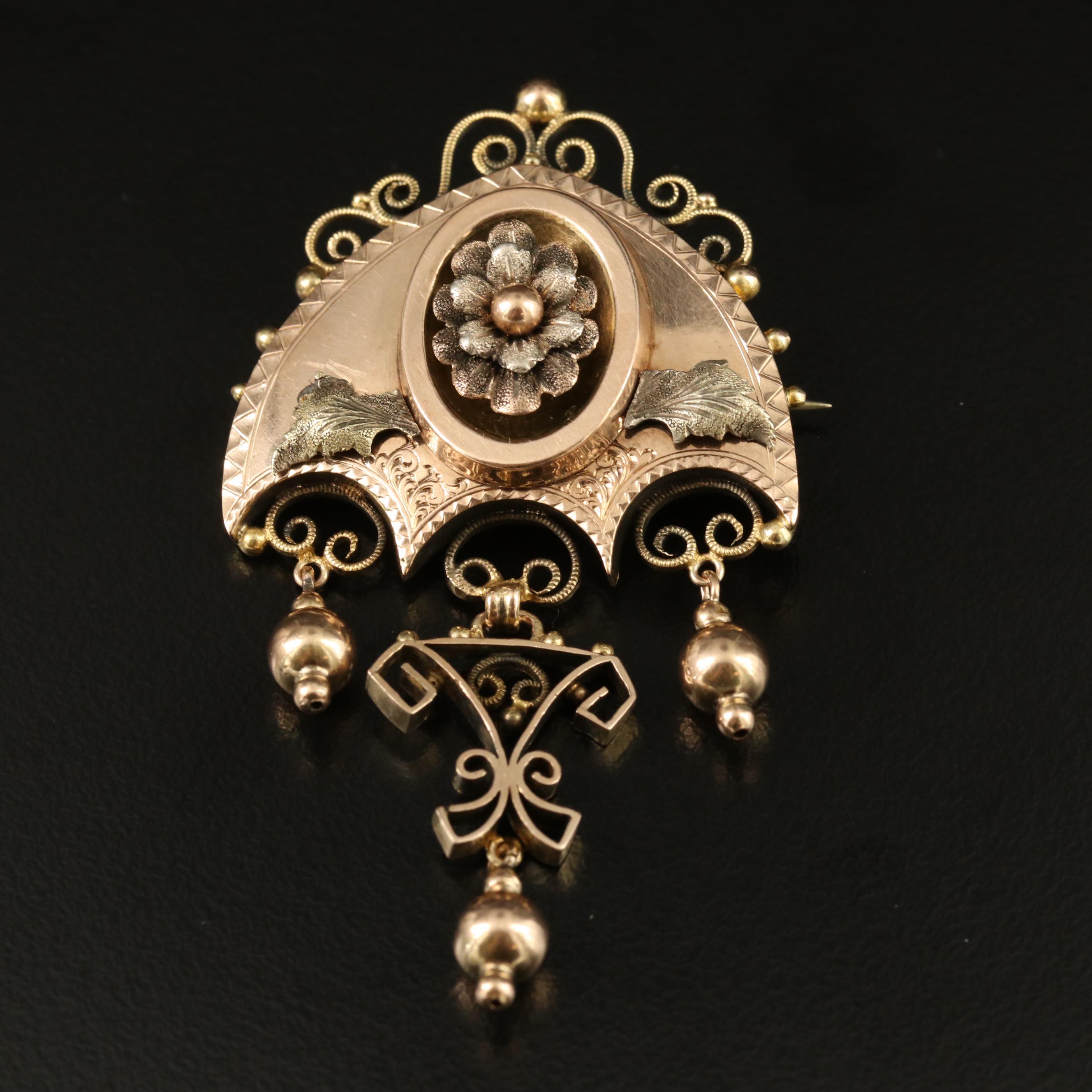 Mid Victorian 14K Girandole Wirework Brooch with Green and Rose Gold Accents