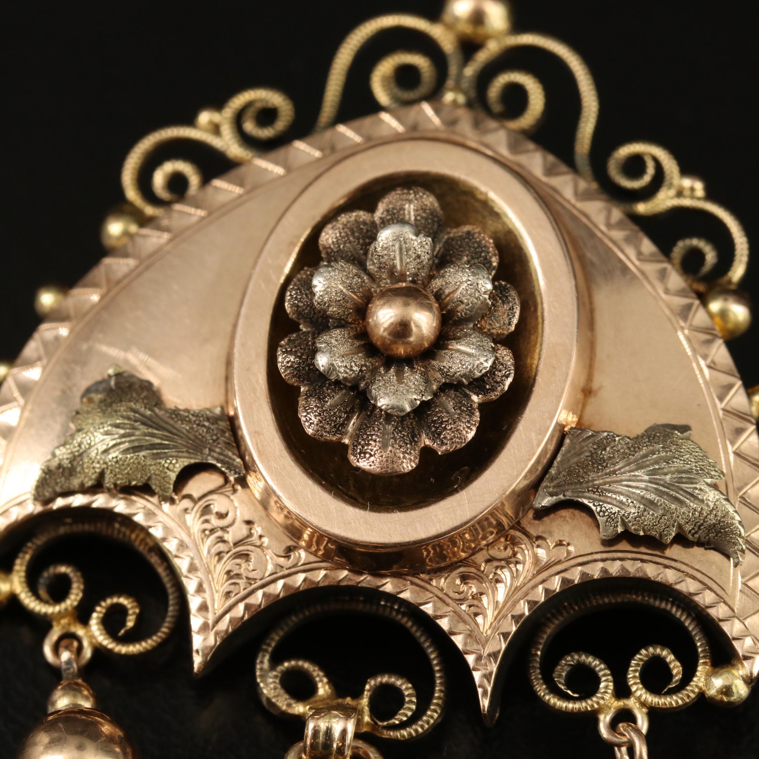 Mid Victorian 14K Girandole Wirework Brooch with Green and Rose Gold Accents