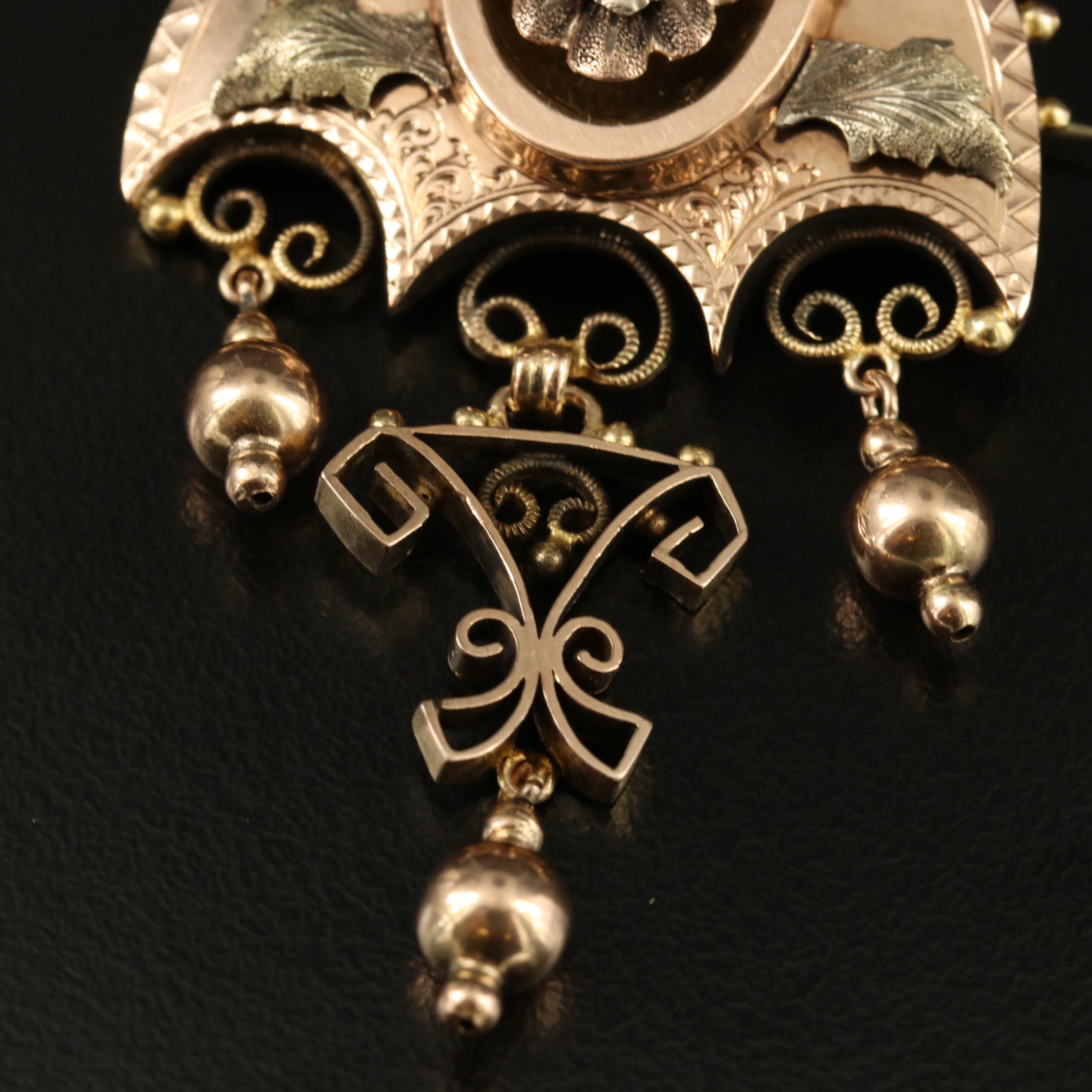 Mid Victorian 14K Girandole Wirework Brooch with Green and Rose Gold Accents