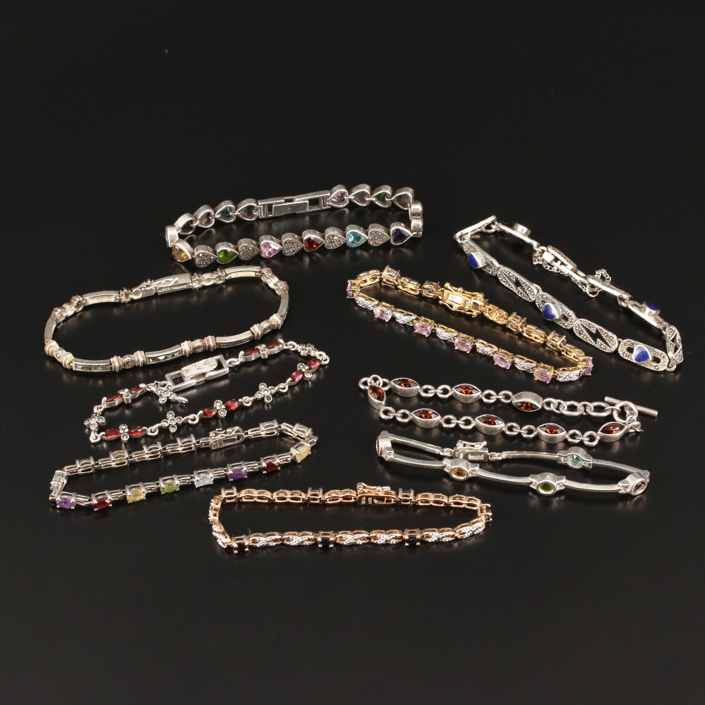 Collection of Sterling Bracelets with Sapphire, Diamond and Garnet