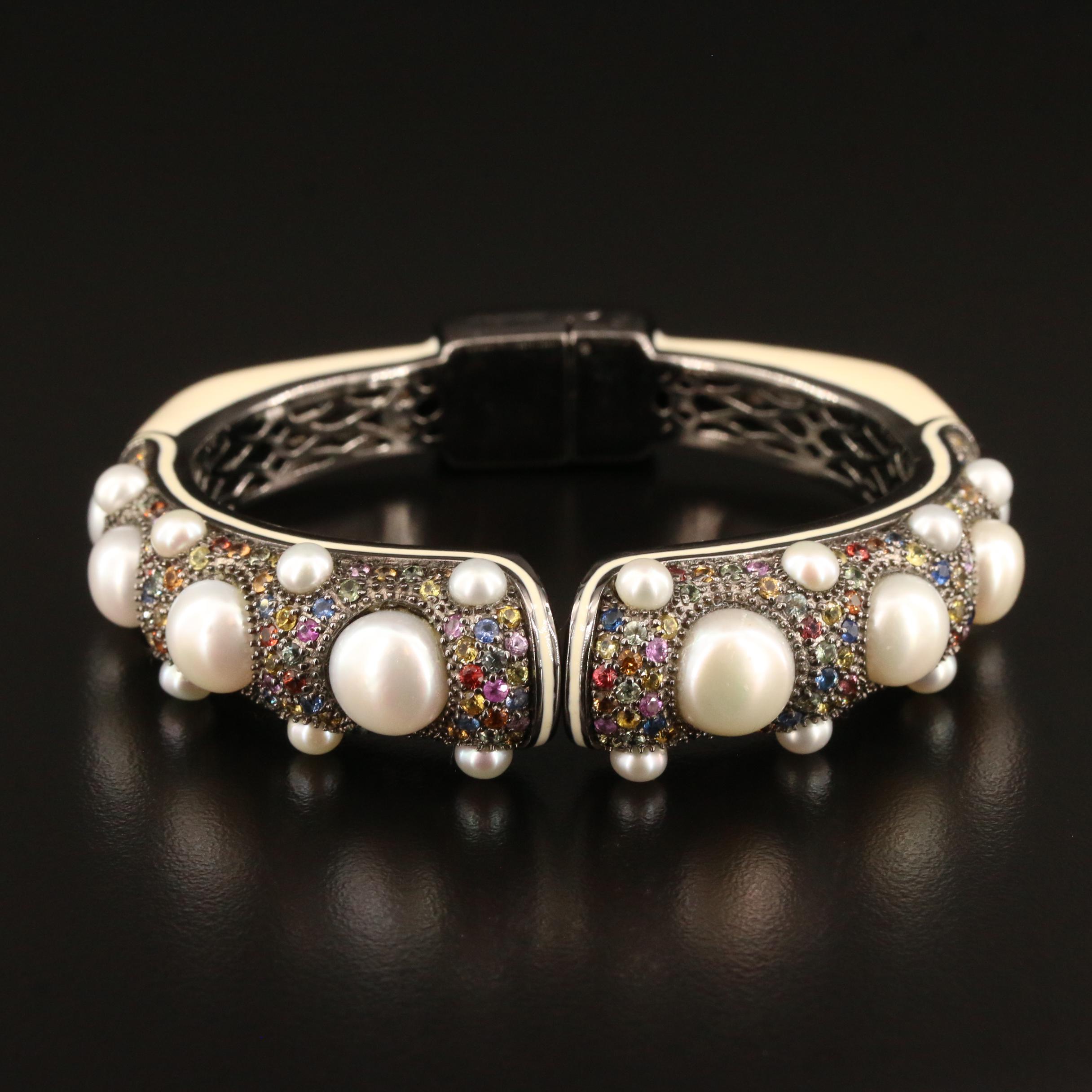 MCL by Matthew Campbell Laurenza Sterling Pearl and Sapphire Clamper Bangle