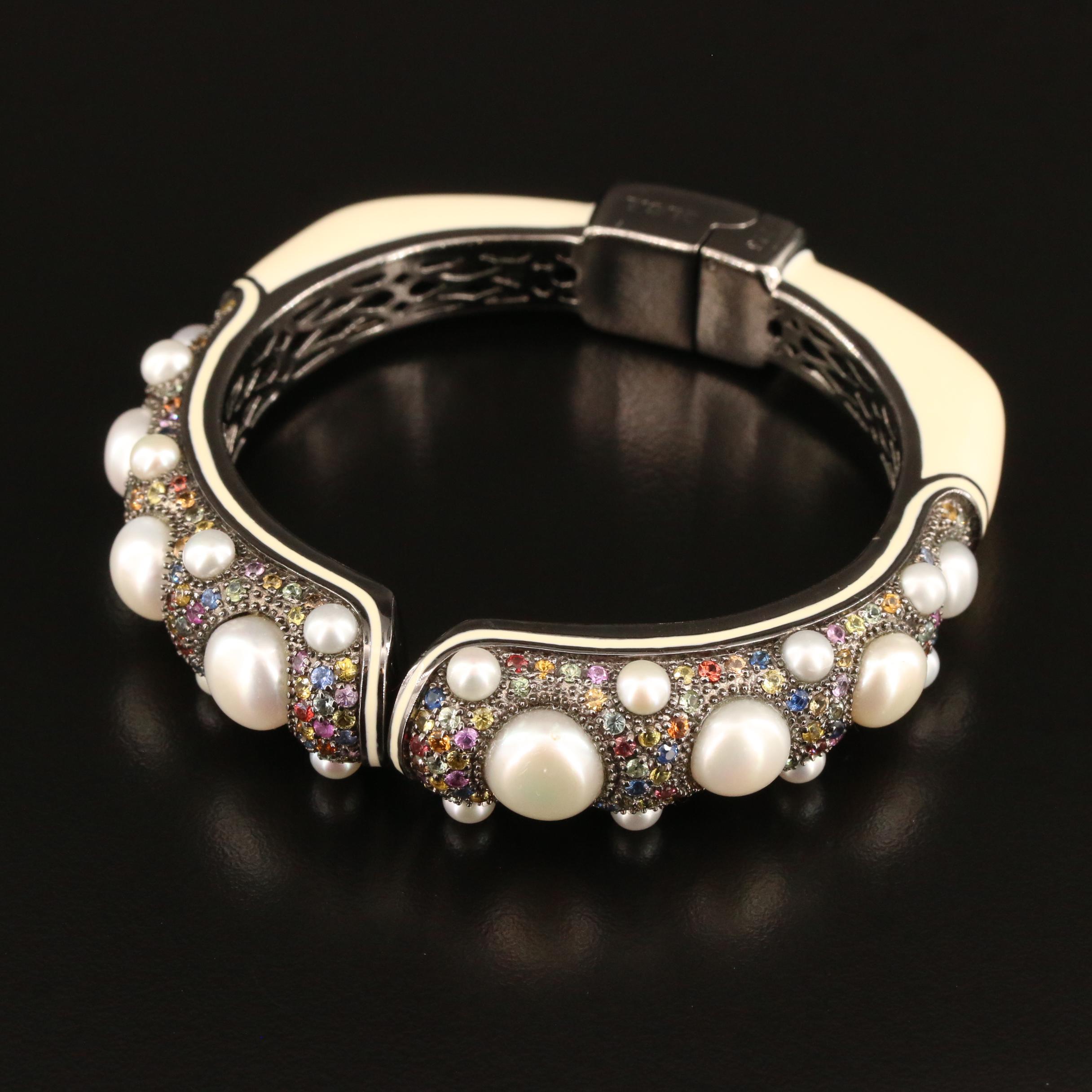 MCL by Matthew Campbell Laurenza Sterling Pearl and Sapphire Clamper Bangle