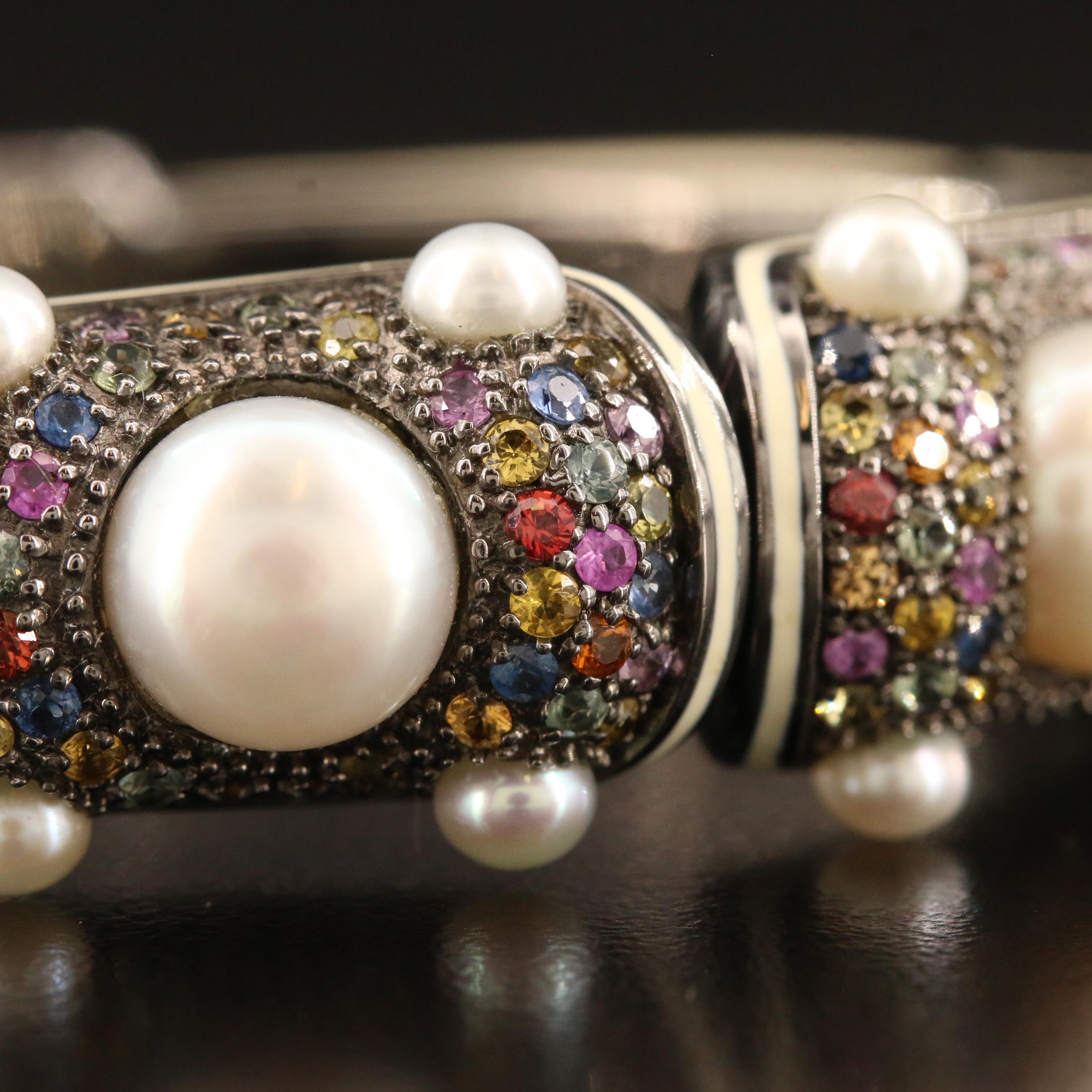 MCL by Matthew Campbell Laurenza Sterling Pearl and Sapphire Clamper Bangle