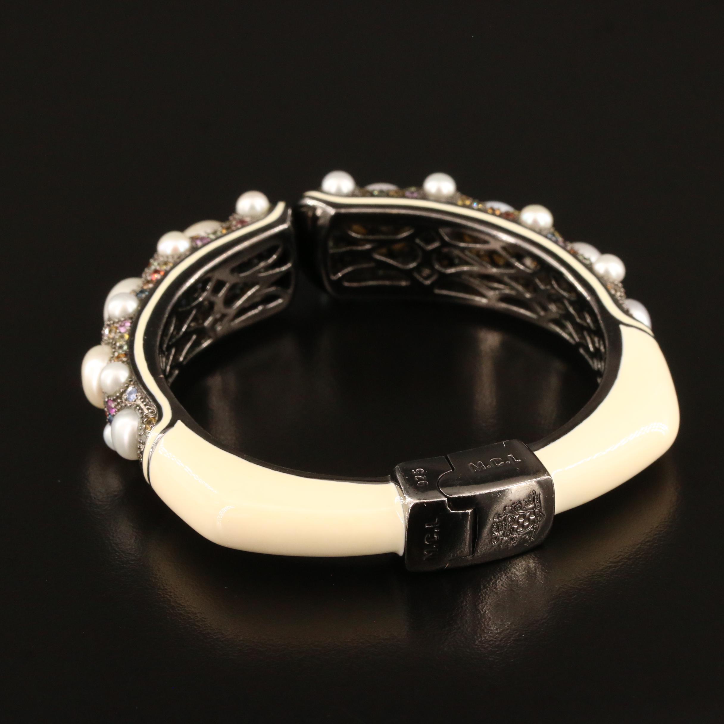 MCL by Matthew Campbell Laurenza Sterling Pearl and Sapphire Clamper Bangle