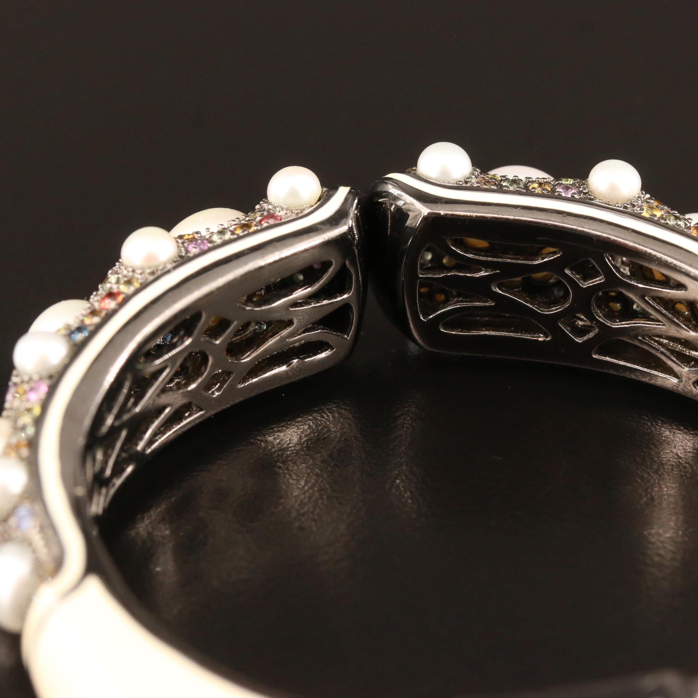 MCL by Matthew Campbell Laurenza Sterling Pearl and Sapphire Clamper Bangle