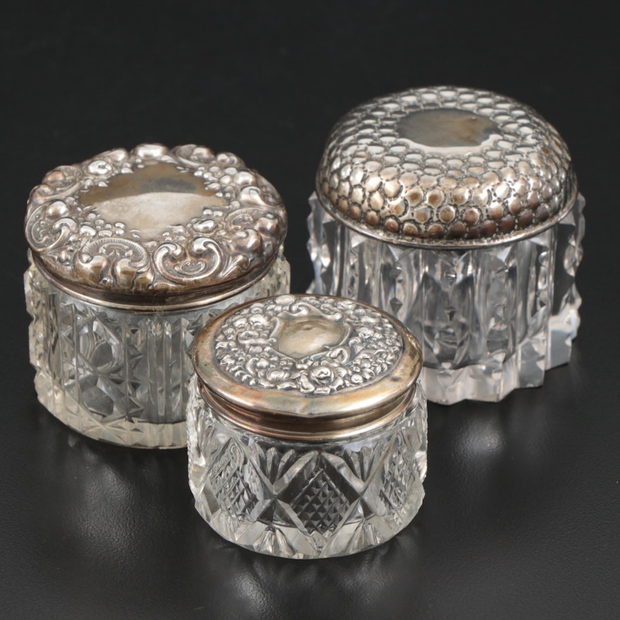 American and British Cut Glass Cosmetic Containers with Sterling Silver Lids