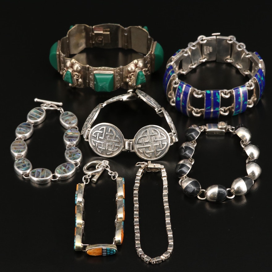 Assorted Sterling and Silver Bracelets Featuring Spiny Oyster, Abalone and Glass