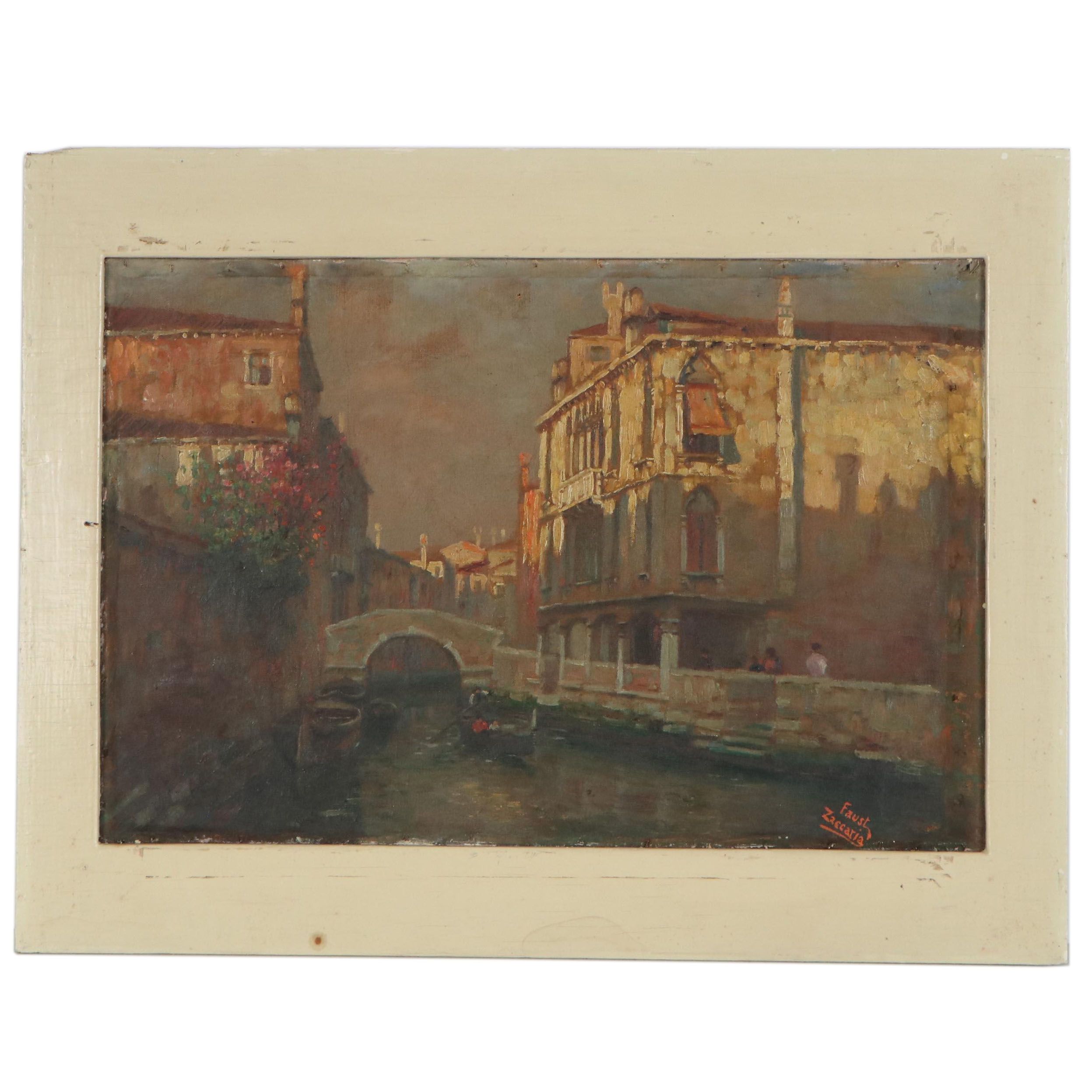 Faust Zaccaria Oil Painting of Venetian Canal Scene, circa 1940