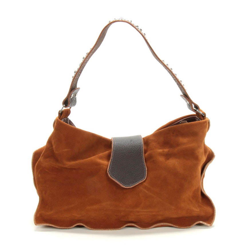 Tylie Malibu Suede and Grained Leather Hobo Bag with Embellished Strap