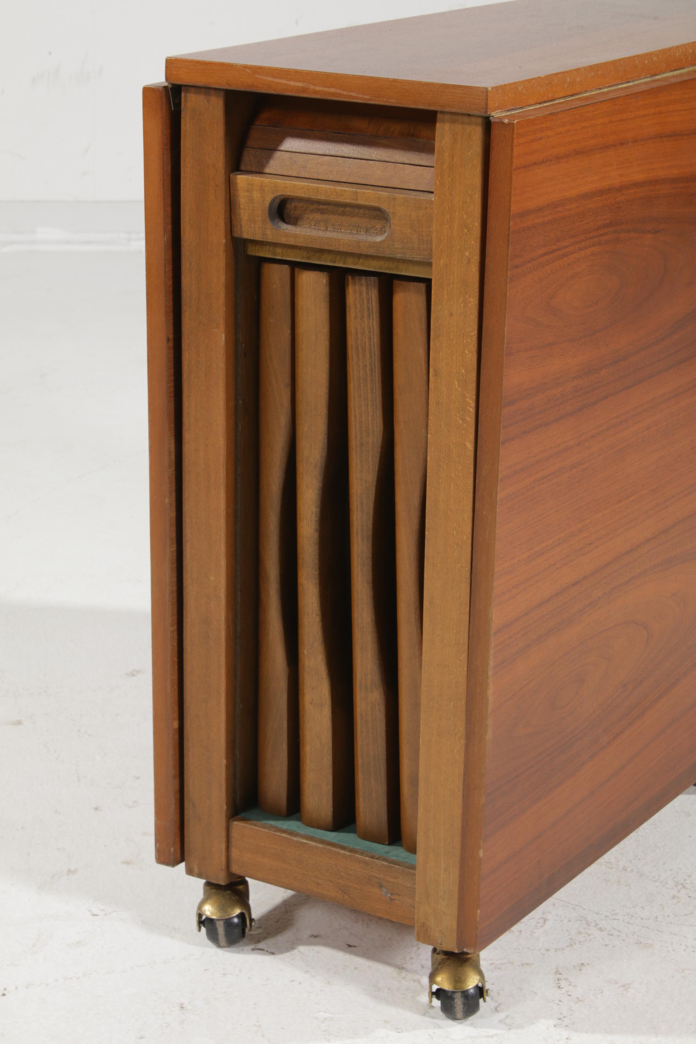 Mid Century Modern Gate-Leg Storage Table Five-Piece Set with Folding Chairs